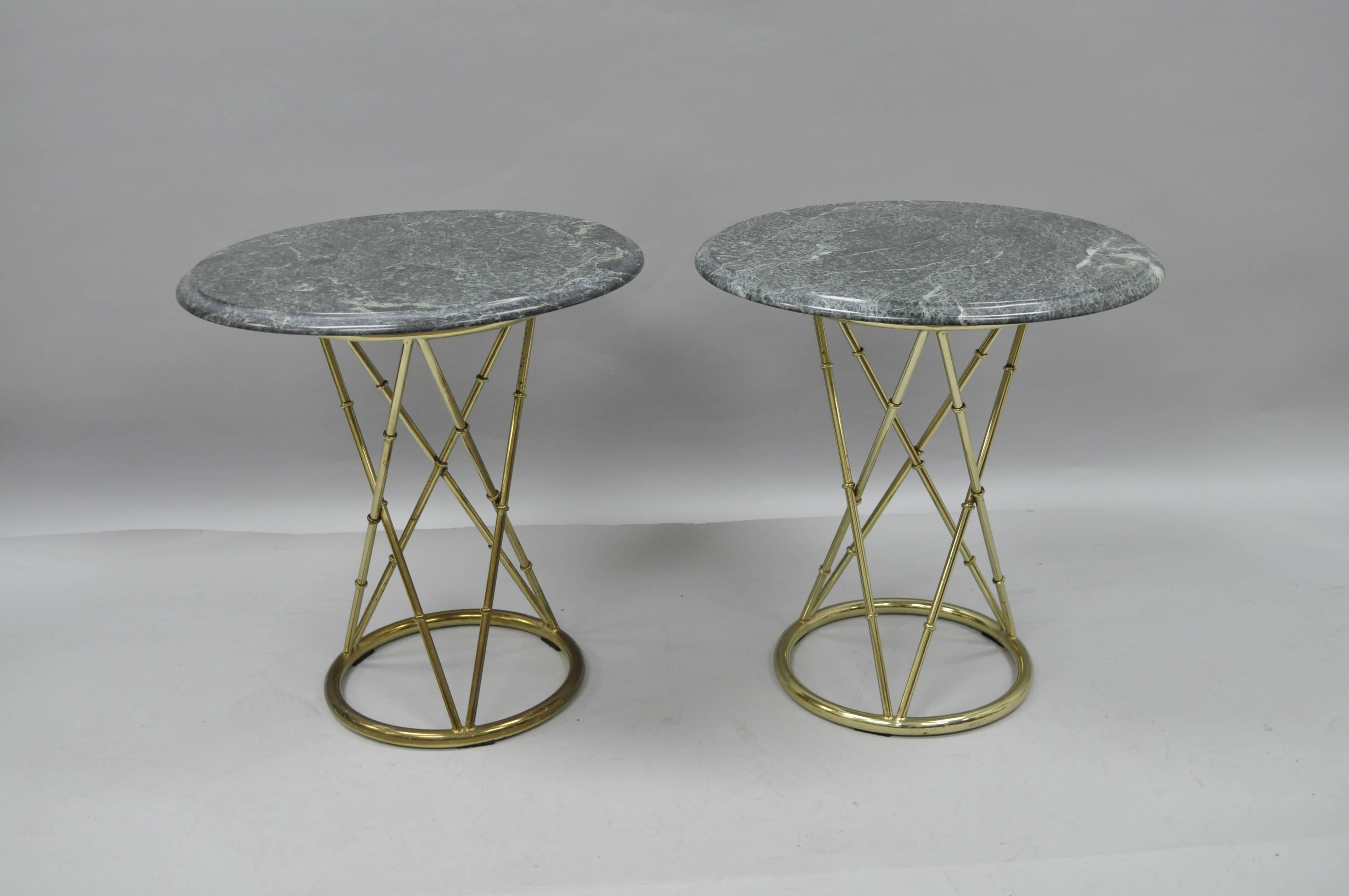 Pair of Brass Metal Faux Bamboo Round Green Marble-Top Lamp Side Tables 2