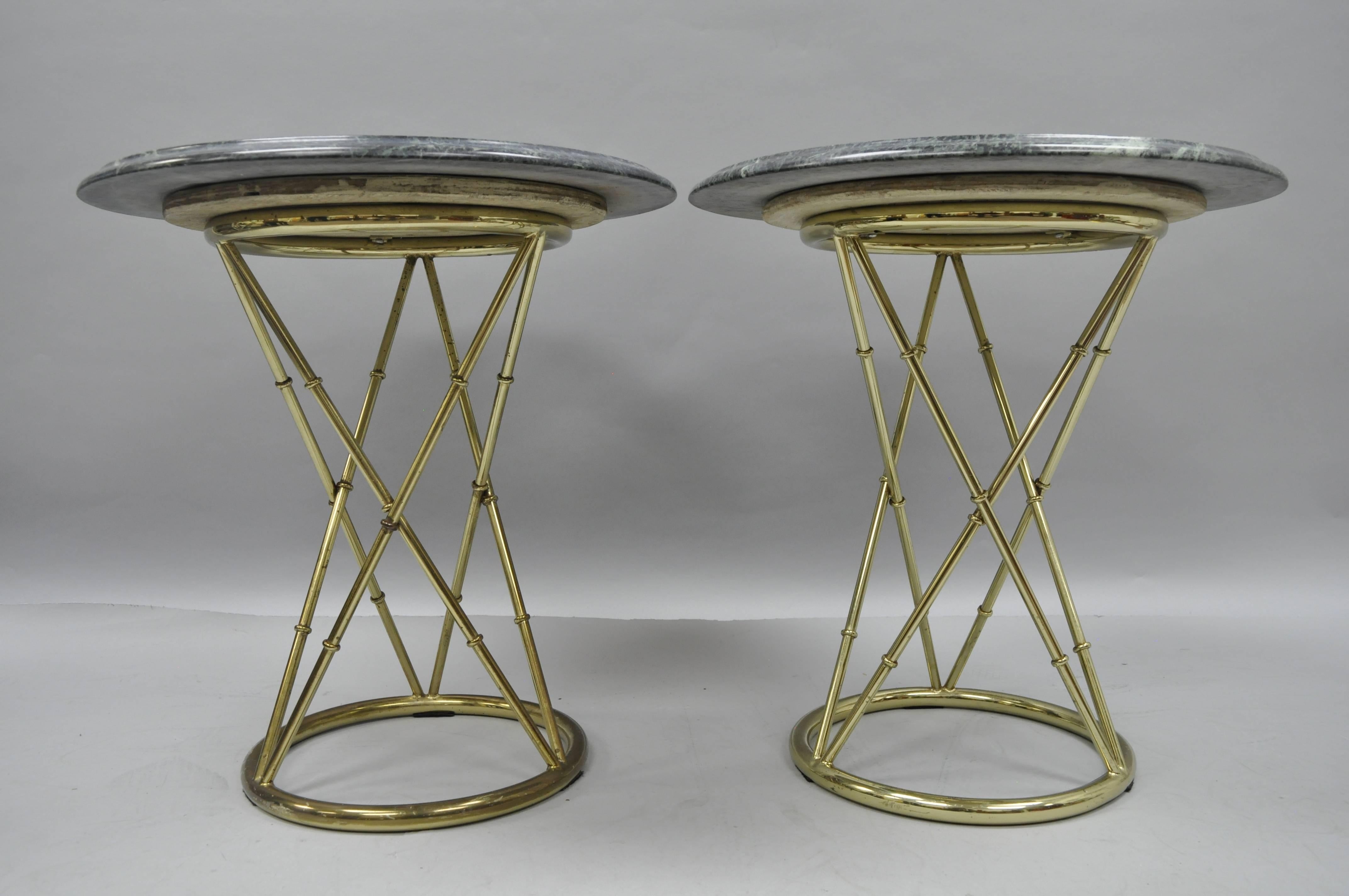Late 20th Century Pair of Brass Metal Faux Bamboo Round Green Marble-Top Lamp Side Tables