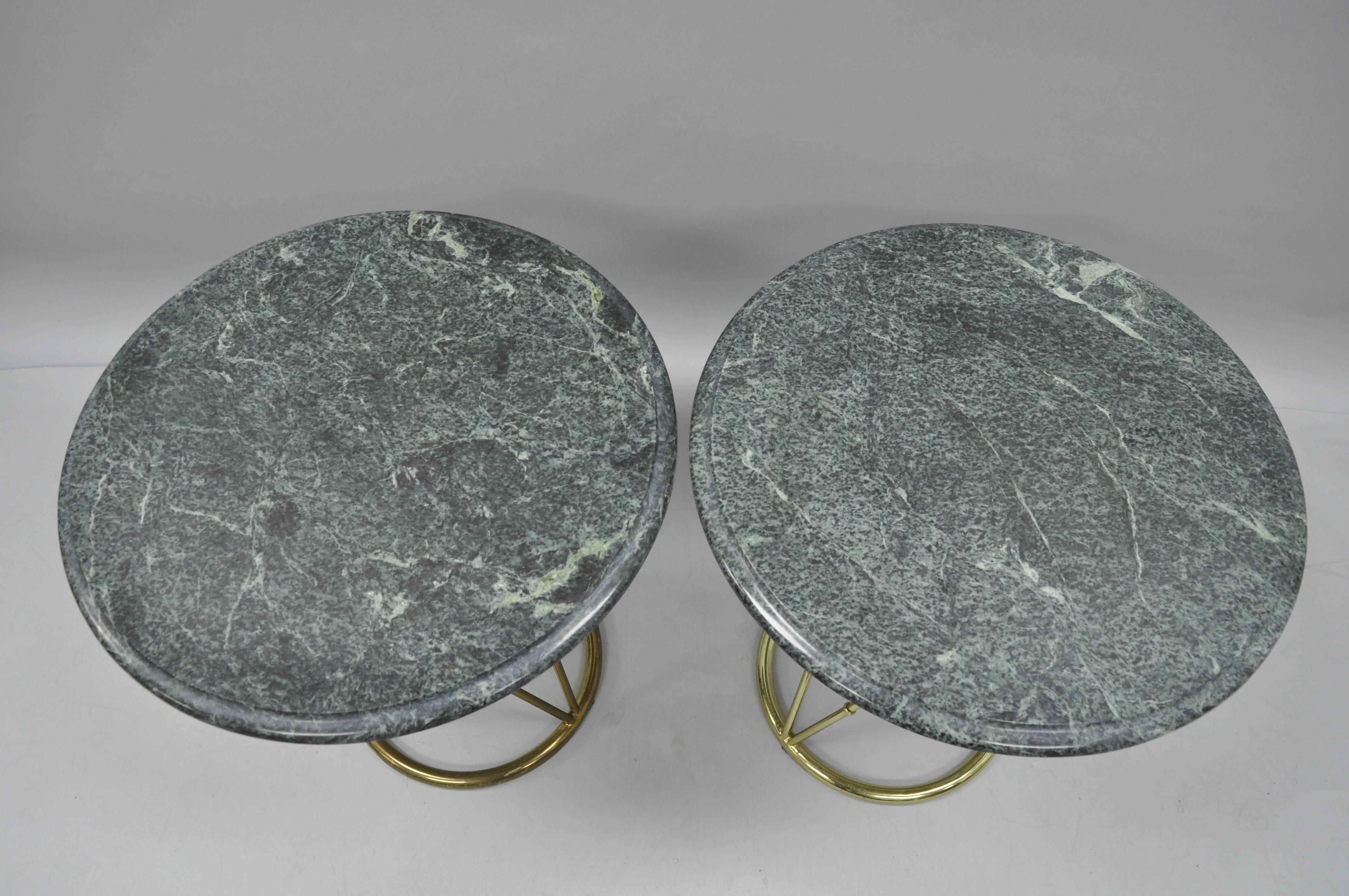 Hollywood Regency Pair of Brass Metal Faux Bamboo Round Green Marble-Top Lamp Side Tables