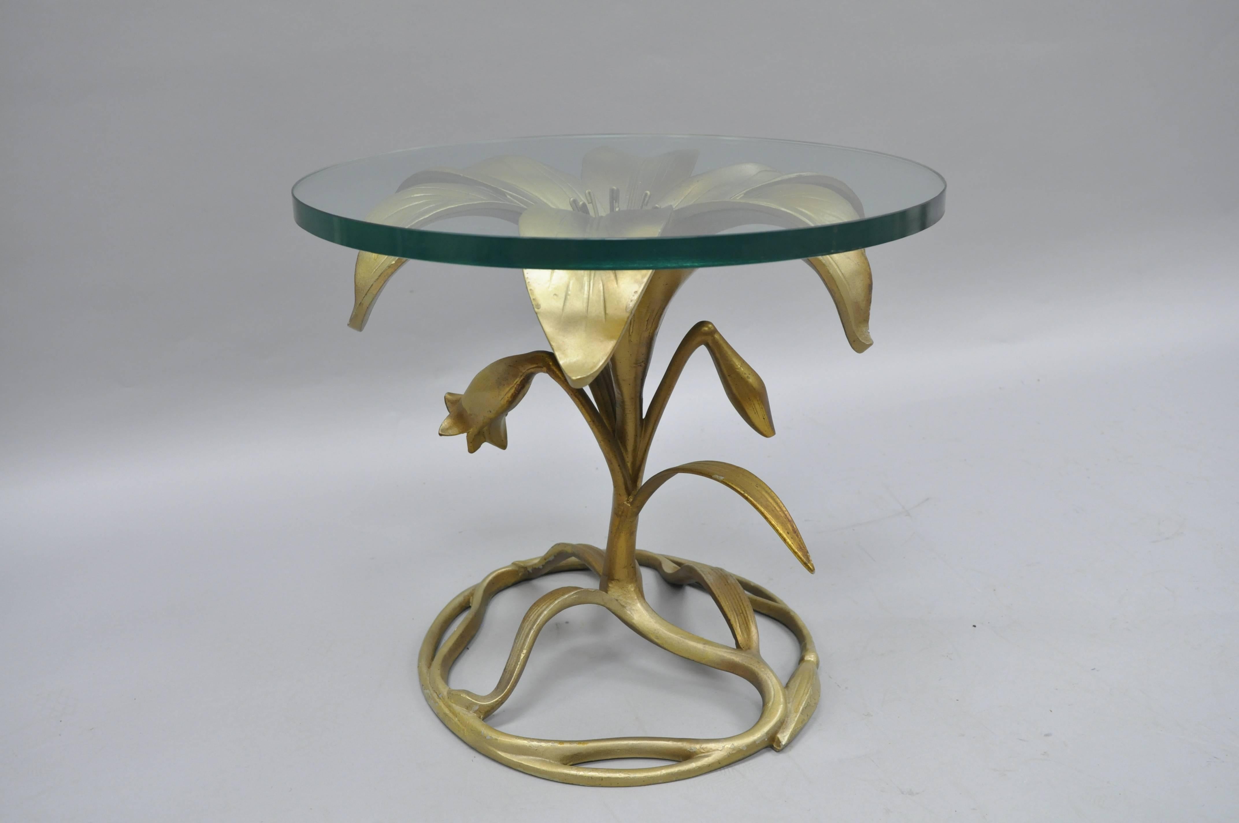 Arthur Court Lily Leaf Gold Flower Side End Table Round Glass Top Cast Aluminum 2