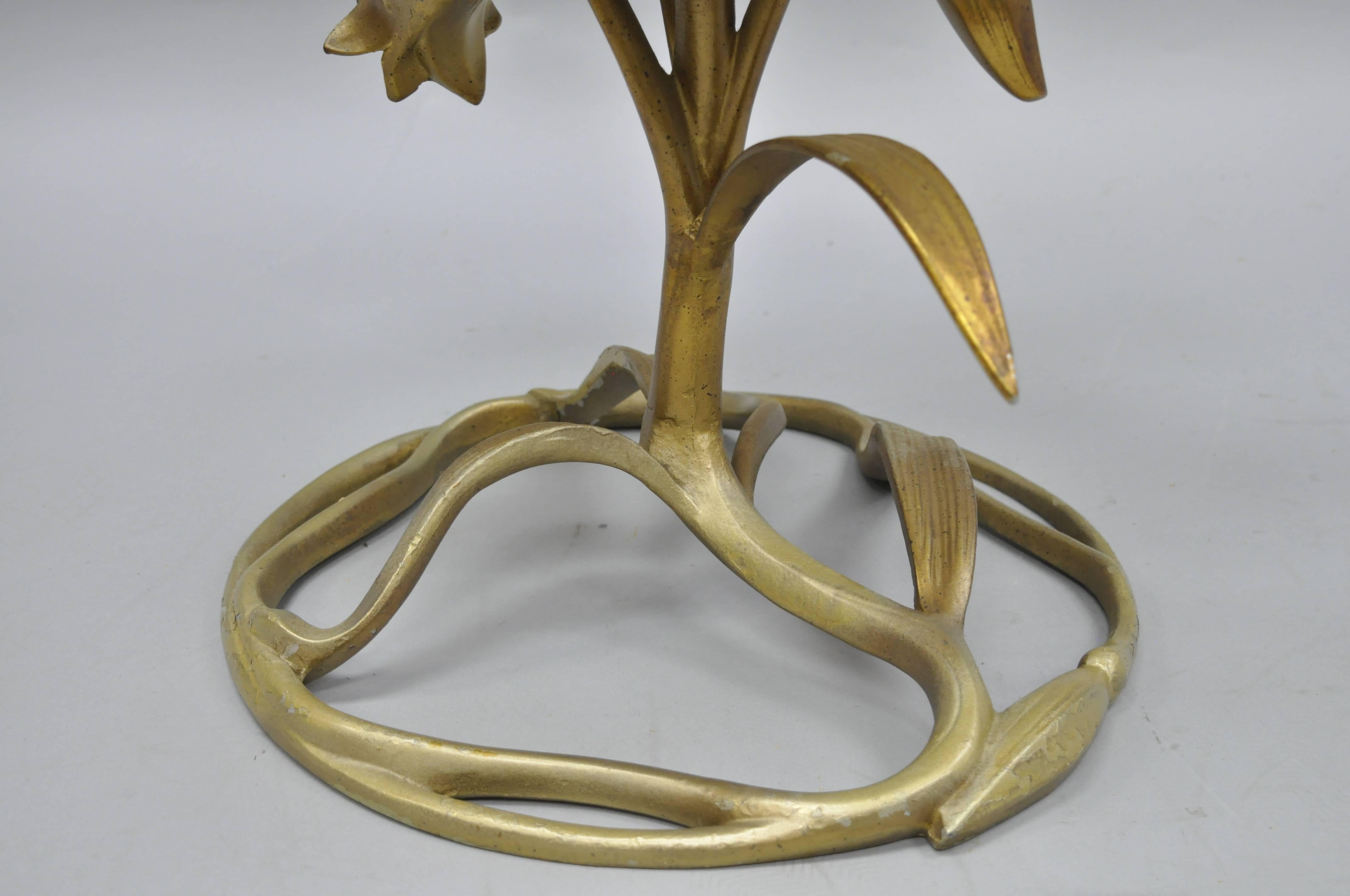 Mid-20th Century Arthur Court Lily Leaf Gold Flower Side End Table Round Glass Top Cast Aluminum