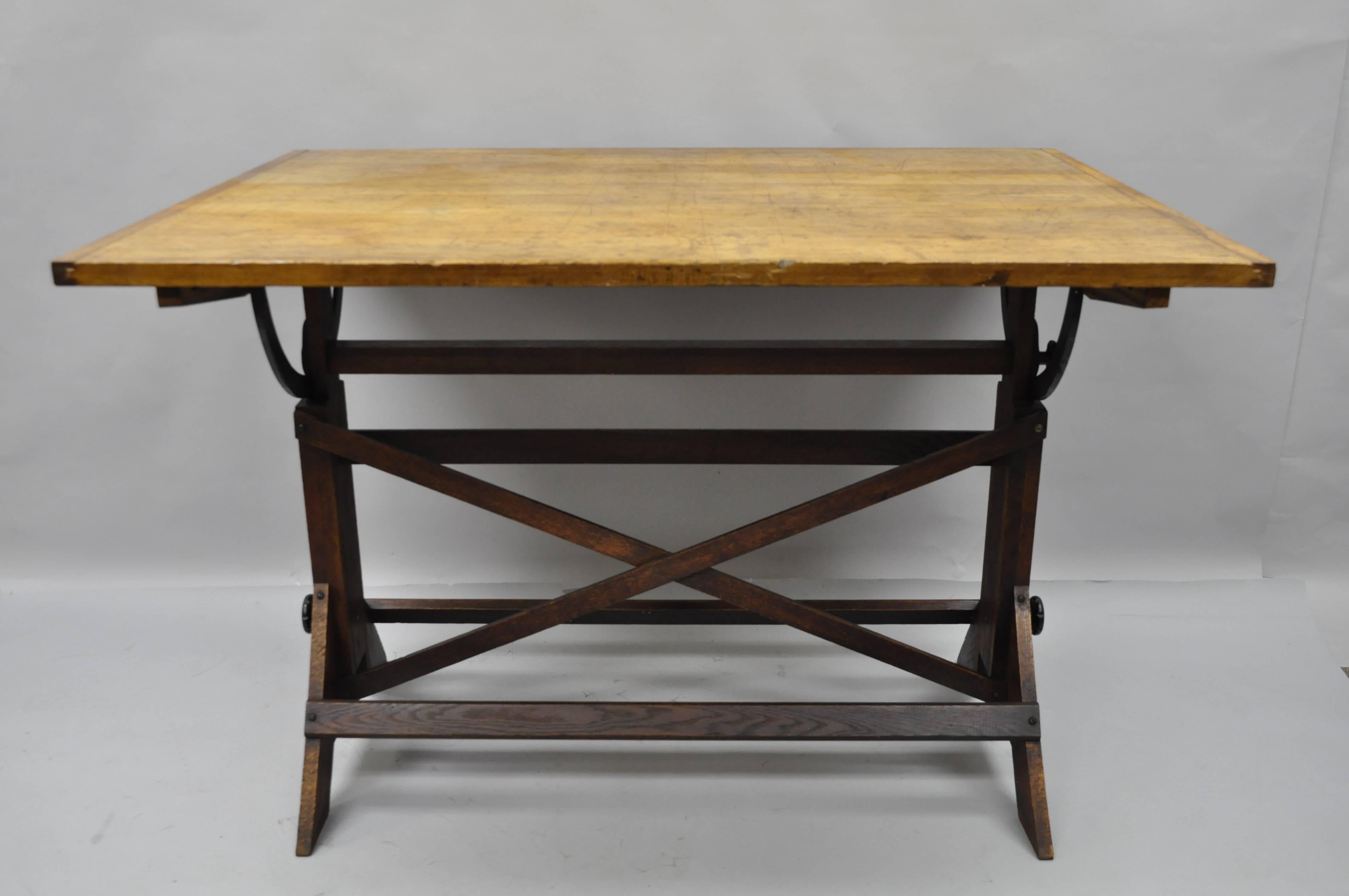 Industrial Kolesch & Co Hamilton Mfg Oakwood Cast Iron Drafting Table Artist Desk Antique