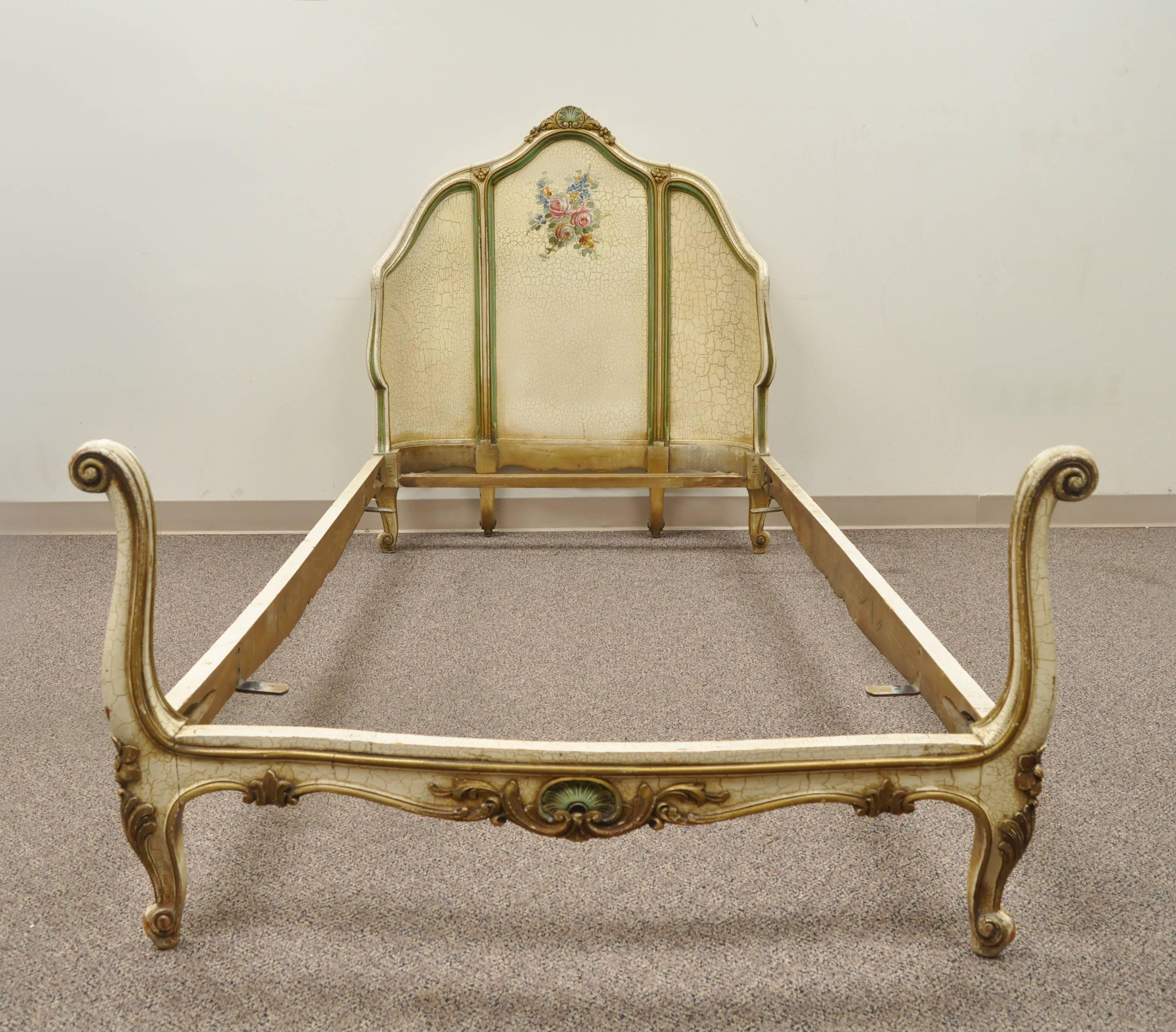Early 20th Century Shell Carved French Louis XV Style Single/Twin Bed with Green & Cream Distress Painted Finish. Listing includes curved headboard, shell carved side rails, and shell carved footboard all with beautiful distress painted green and