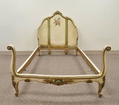 French Louis XV Style Twin Single Bed Green and Cream Distress Painted Finish