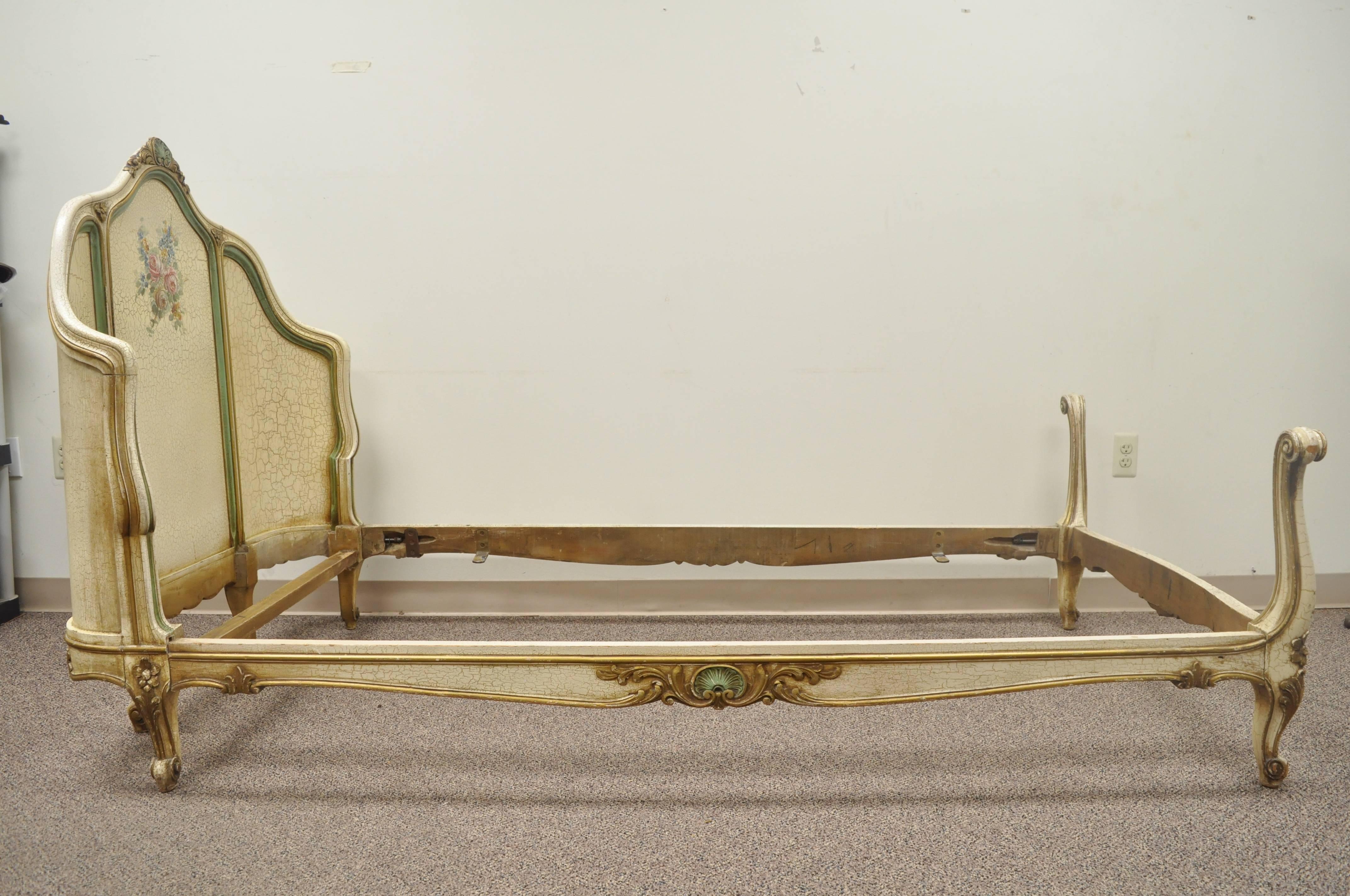French Louis XV Style Twin Single Bed Green and Cream Distress Painted Finish 2