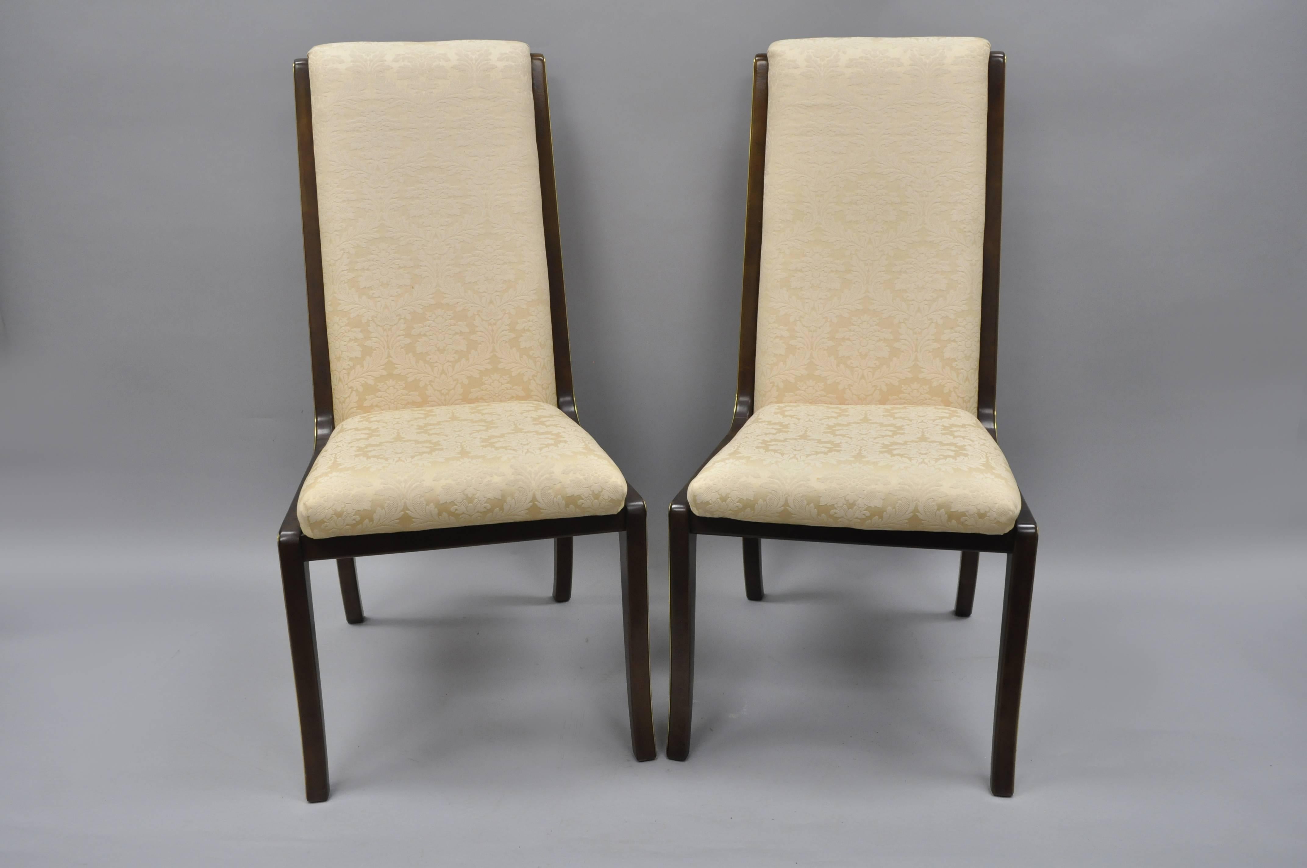 Pair William Doezema for Baker Mastercraft Brass Inlay Upholstered Dining Chairs In Good Condition For Sale In Philadelphia, PA