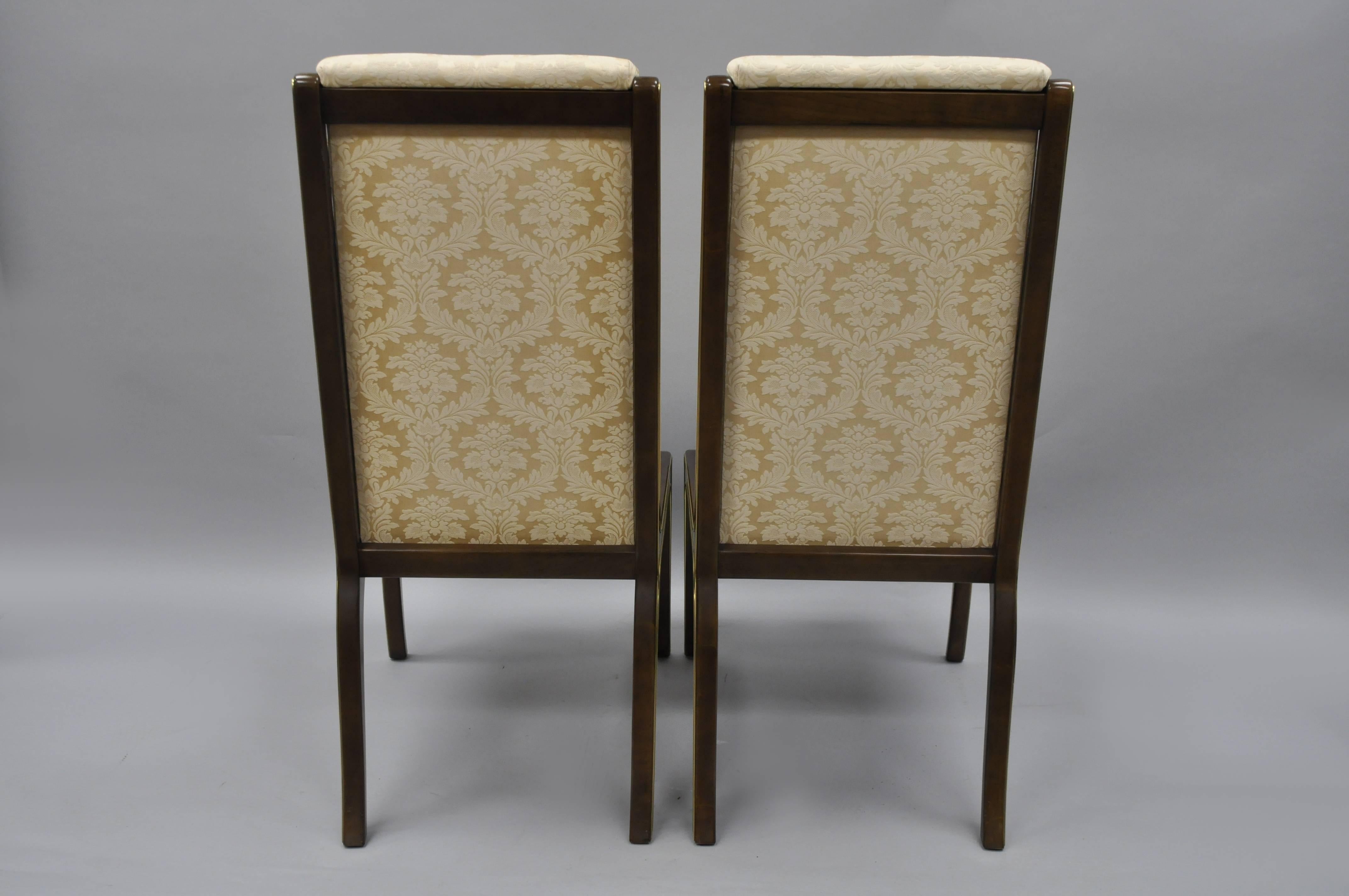 Pair William Doezema for Baker Mastercraft Brass Inlay Upholstered Dining Chairs For Sale 2