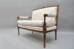 Gold French Louis XVI Directoire Style Settee Loveseat Carved Upholstered Sofa