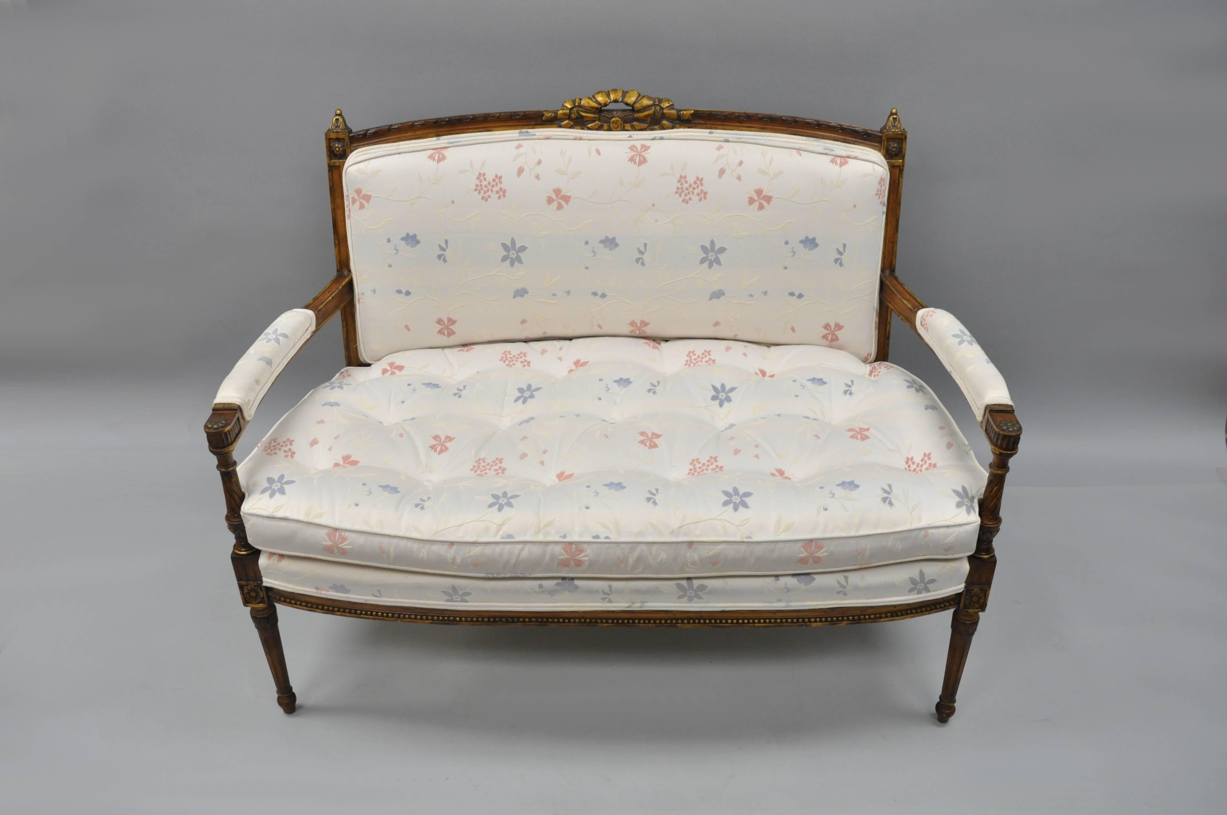 Gold French Louis XVI Directoire Style Settee Loveseat Carved Upholstered Sofa 2