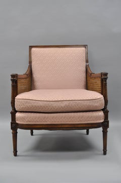 French Louis XVI Directoire Style Cane Bergere Arm Chair Carved Walnut Frame
