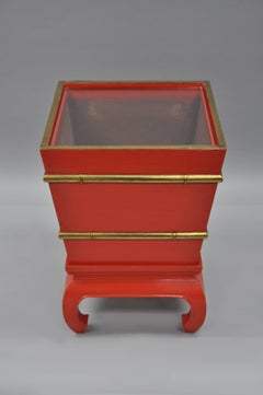 Chinoiserie Red Lacquer Oriental Pedestal Planter Accent Table Brass Faux Bamboo