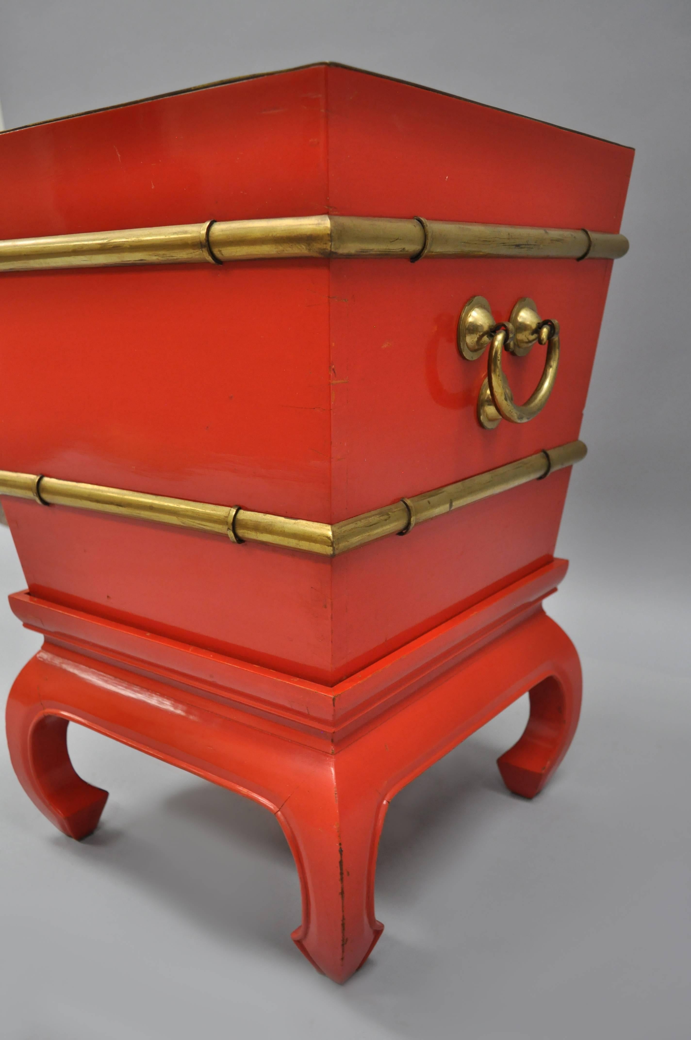 Chinoiserie Red Lacquer Oriental Pedestal Planter Accent Table Brass Faux Bamboo 4
