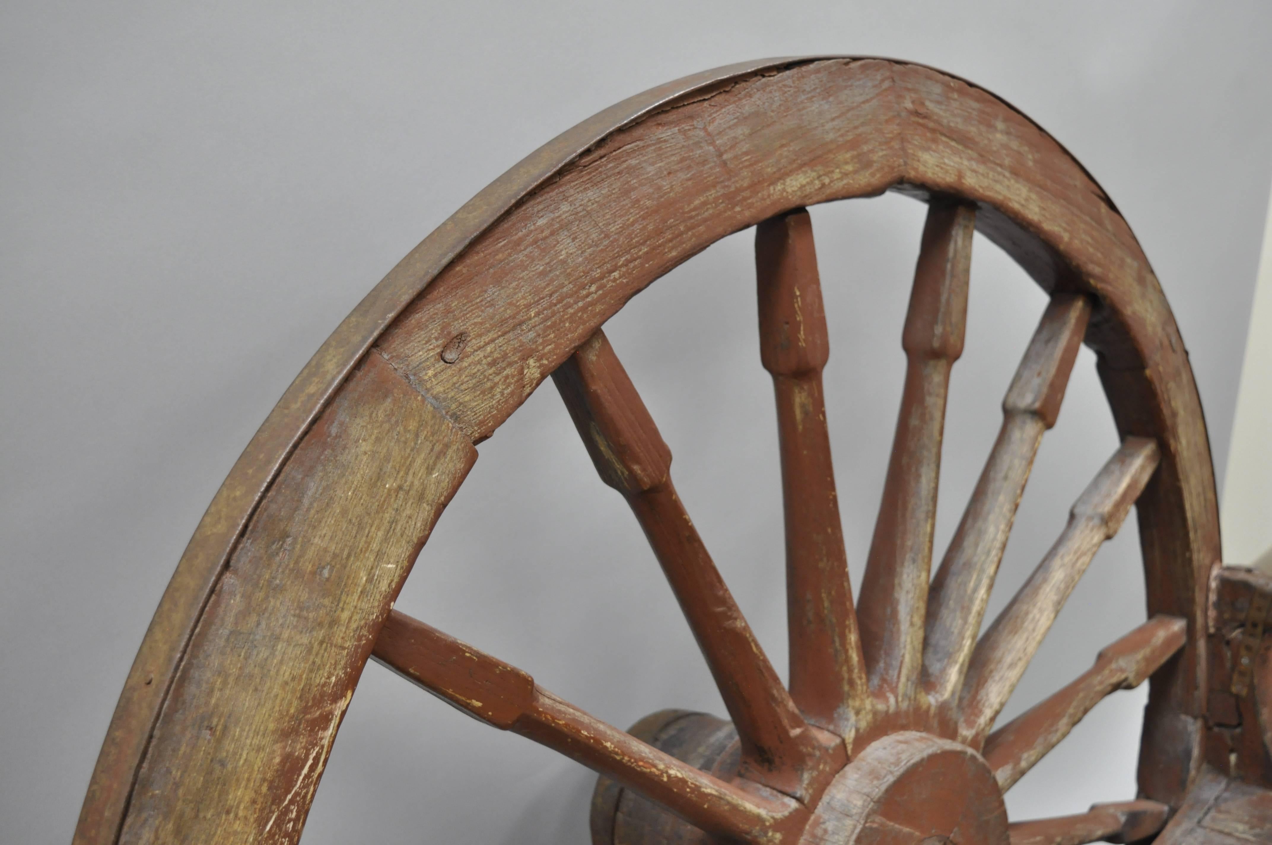 19th Century Antique Primitive Conestoga Wagon Wheel Red Bench Large Rustic Wooden Seat