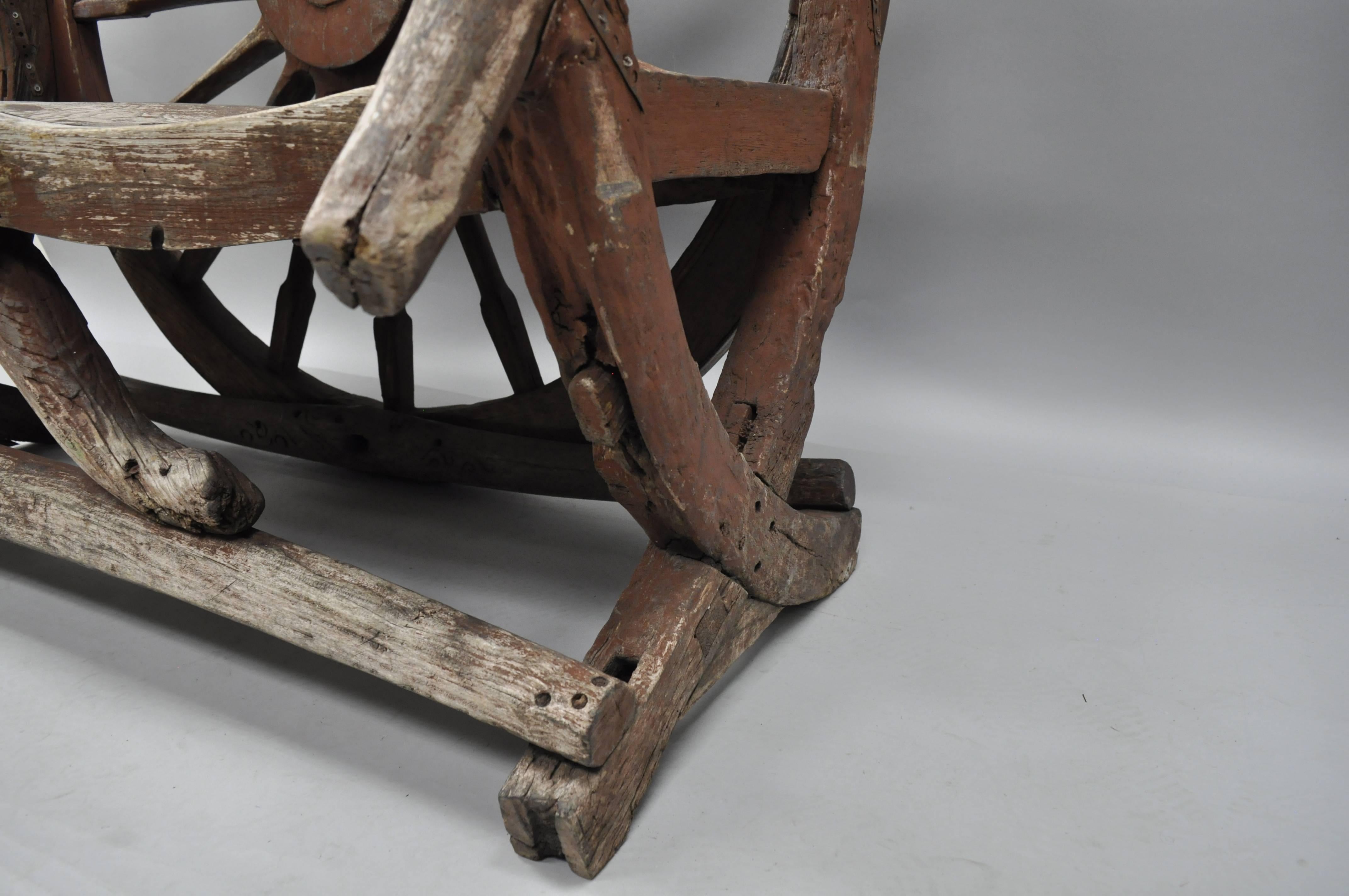 Iron Antique Primitive Conestoga Wagon Wheel Red Bench Large Rustic Wooden Seat