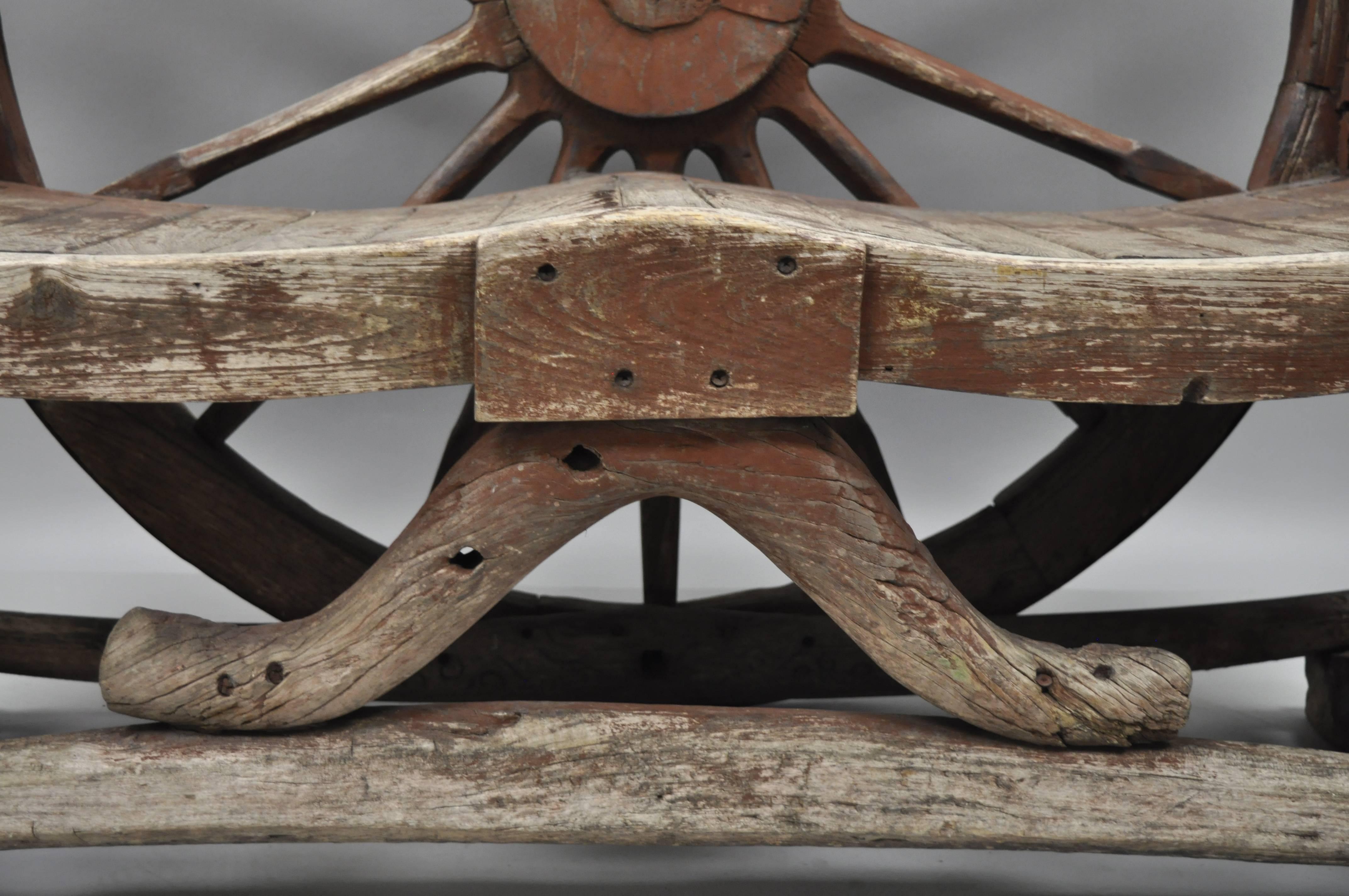 Antique Primitive Conestoga Wagon Wheel Red Bench Large Rustic Wooden Seat 1