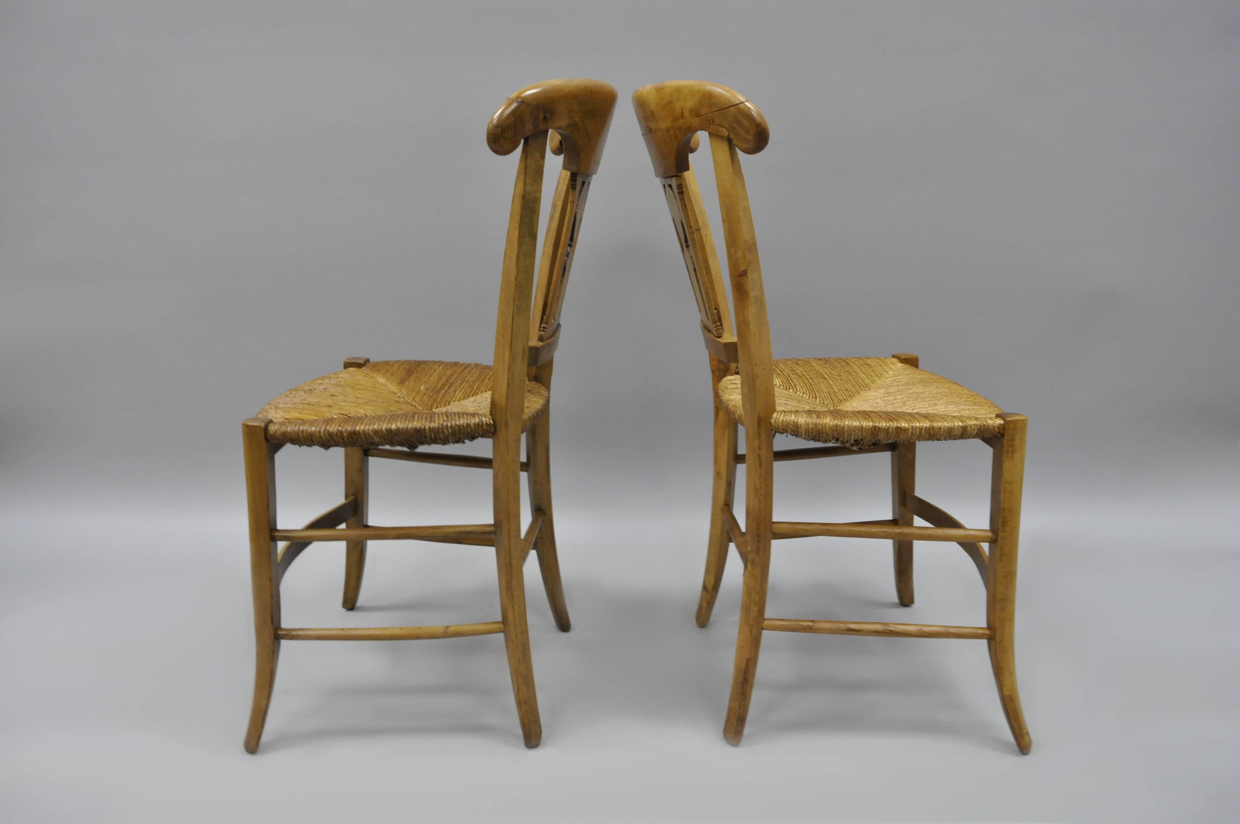 20th Century Cherrywood Primitive Country French Dining Chairs Woven Rush Seats Set of Four