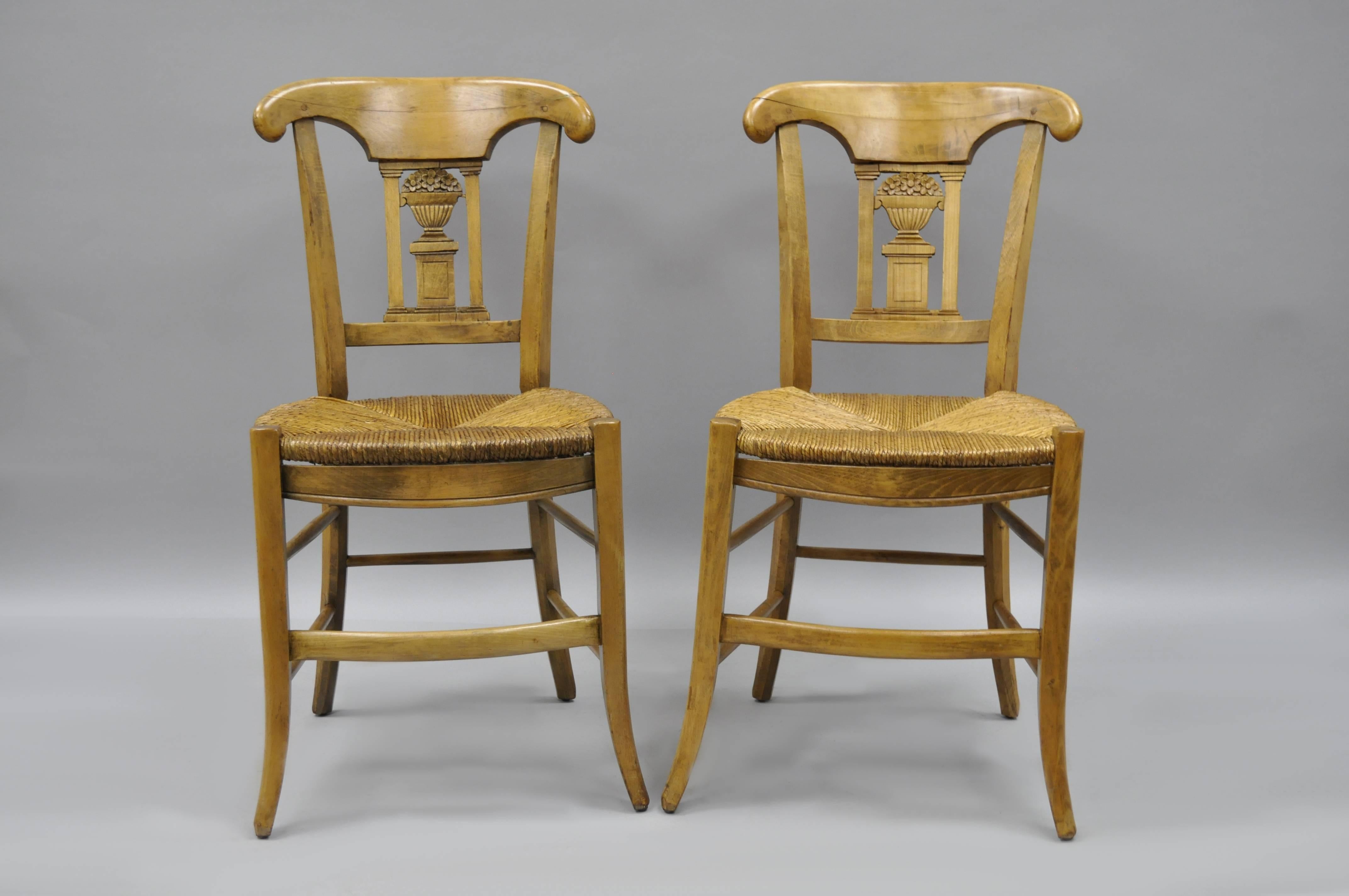 Cherrywood Primitive Country French Dining Chairs Woven Rush Seats Set of Four 3