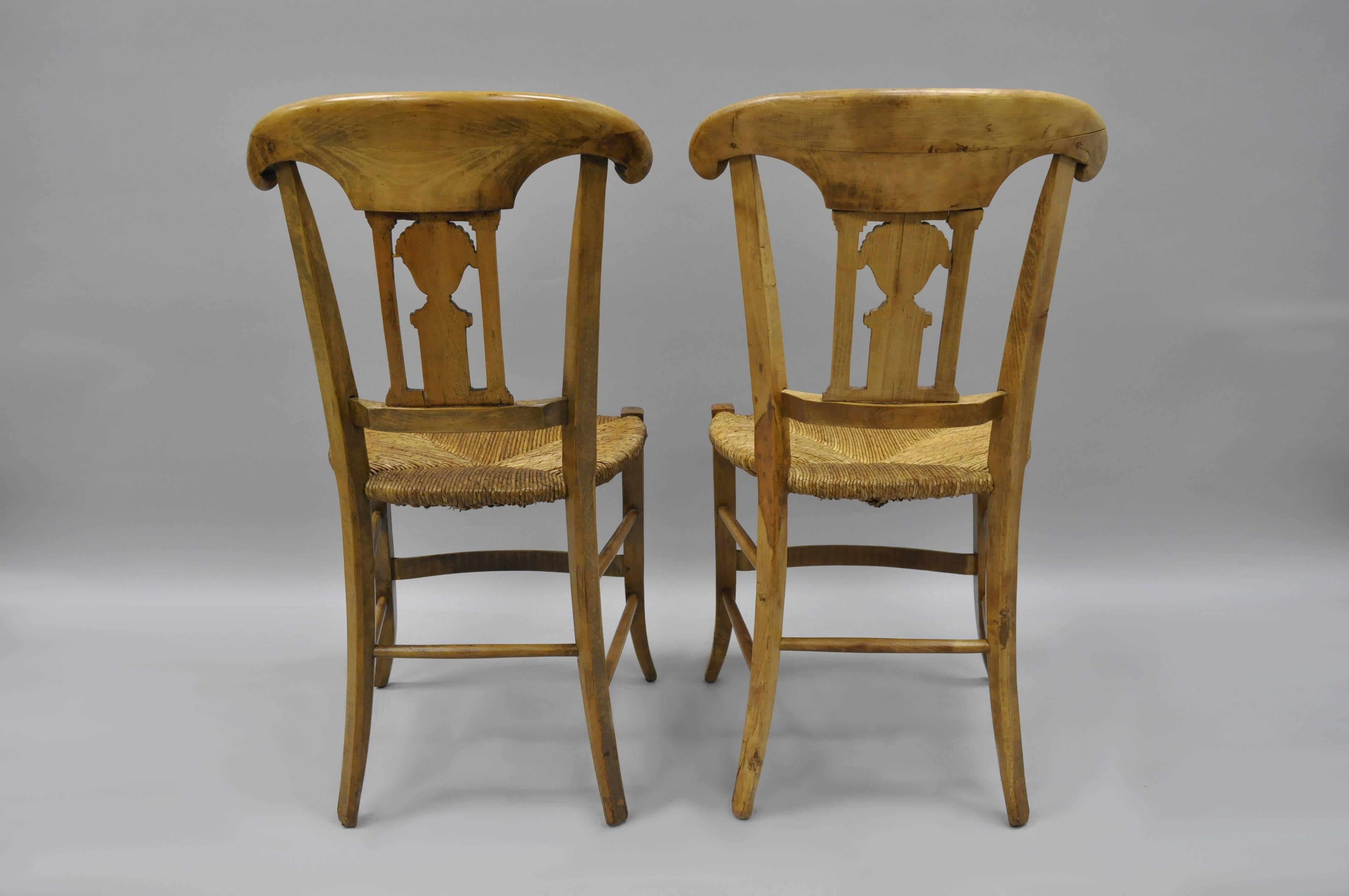 Hand-Carved Cherrywood Primitive Country French Dining Chairs Woven Rush Seats Set of Four