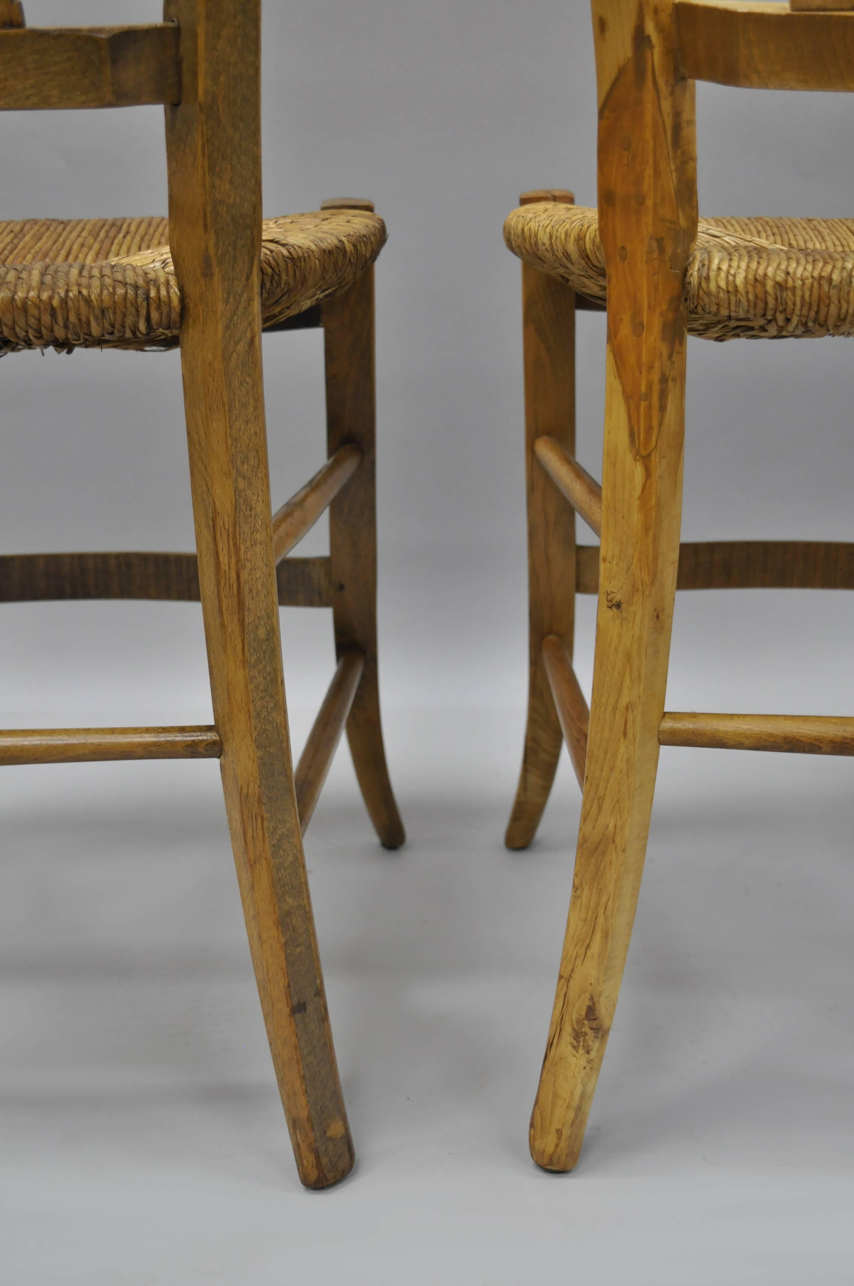 Cherrywood Primitive Country French Dining Chairs Woven Rush Seats Set of Four In Distressed Condition In Philadelphia, PA