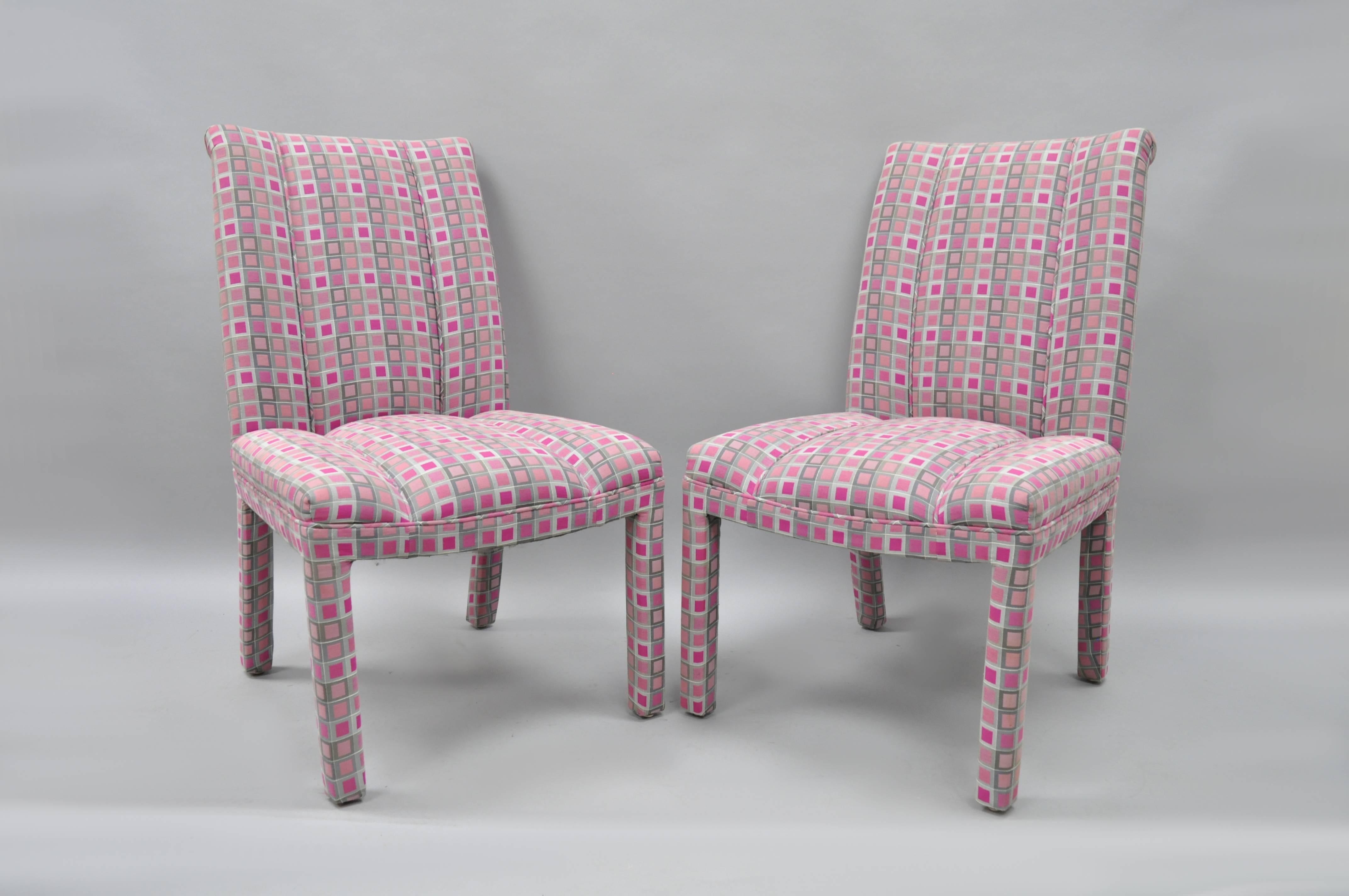 Six Upholstered Parsons Style Dining Chairs Hollywood Regency Pink and Sliver 2