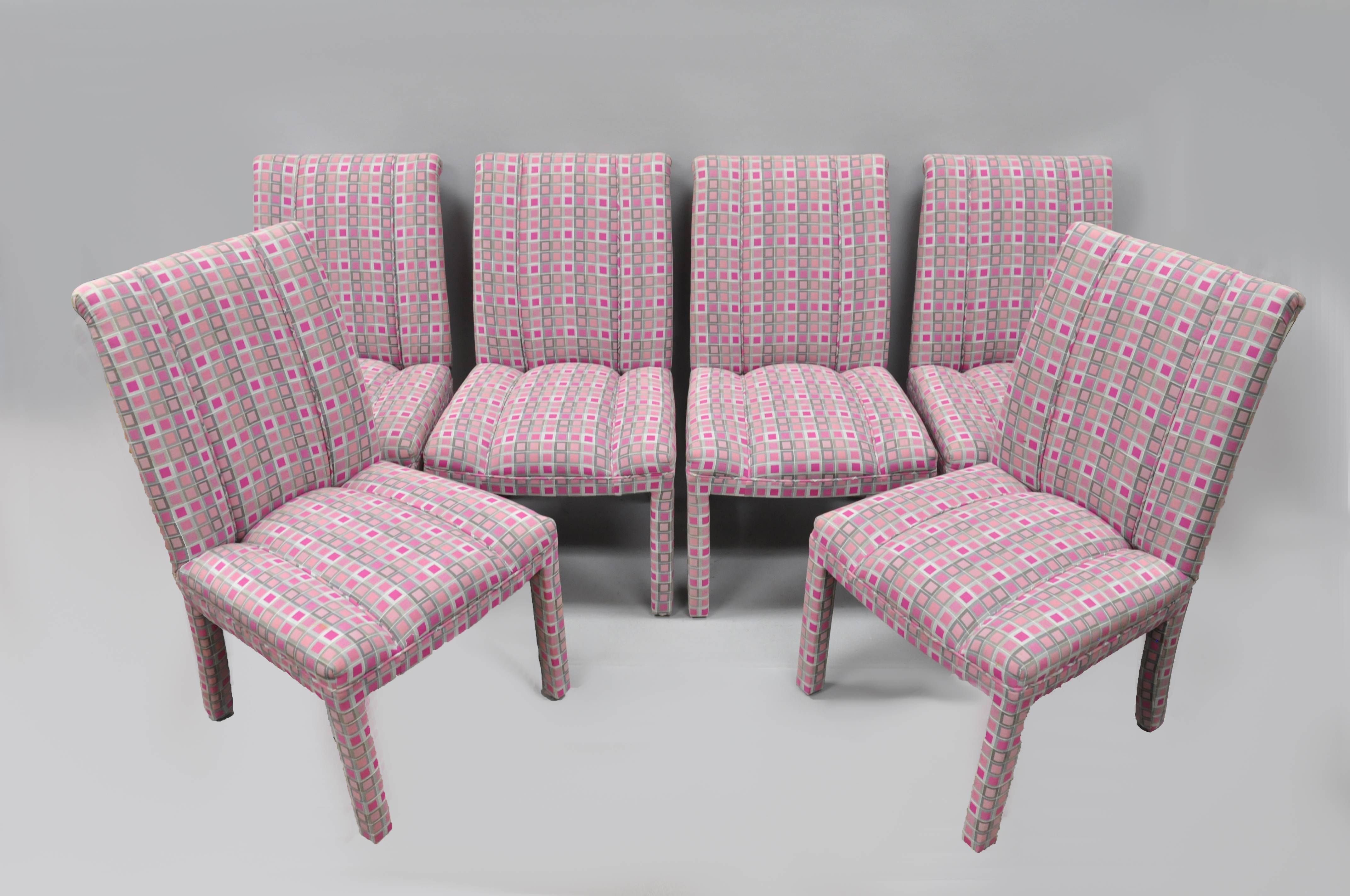Six Upholstered Parsons Style Dining Chairs Hollywood Regency Pink and Sliver 3