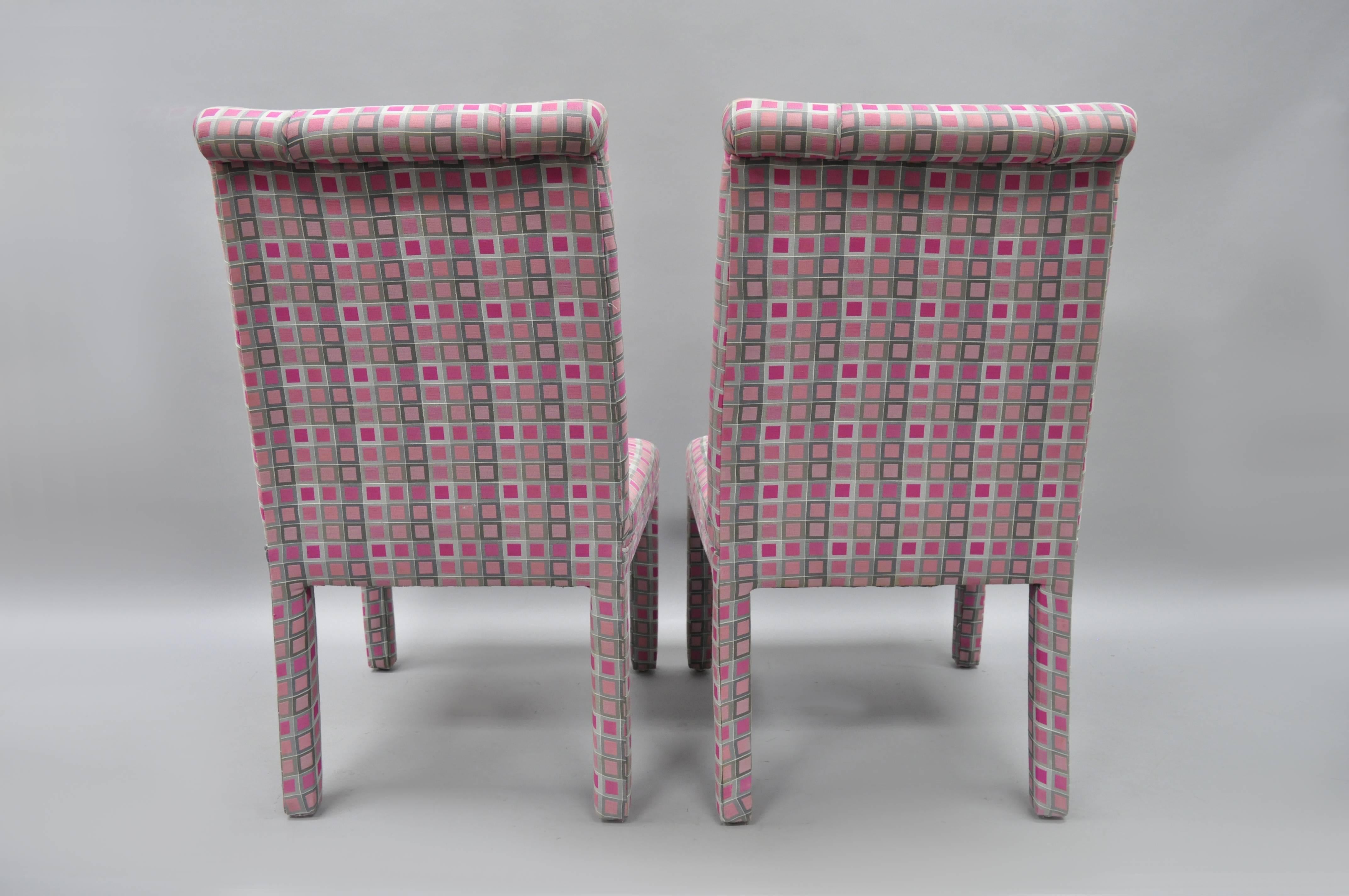 Six Upholstered Parsons Style Dining Chairs Hollywood Regency Pink and Sliver 1