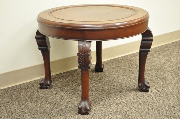 Antique Chinese Chippendale Mahogany Burl Wood Ball And Claw Round Antique Chinese Chippendale Mahogany Burl Wood Ball And Claw Round Side Table In Good Condition For