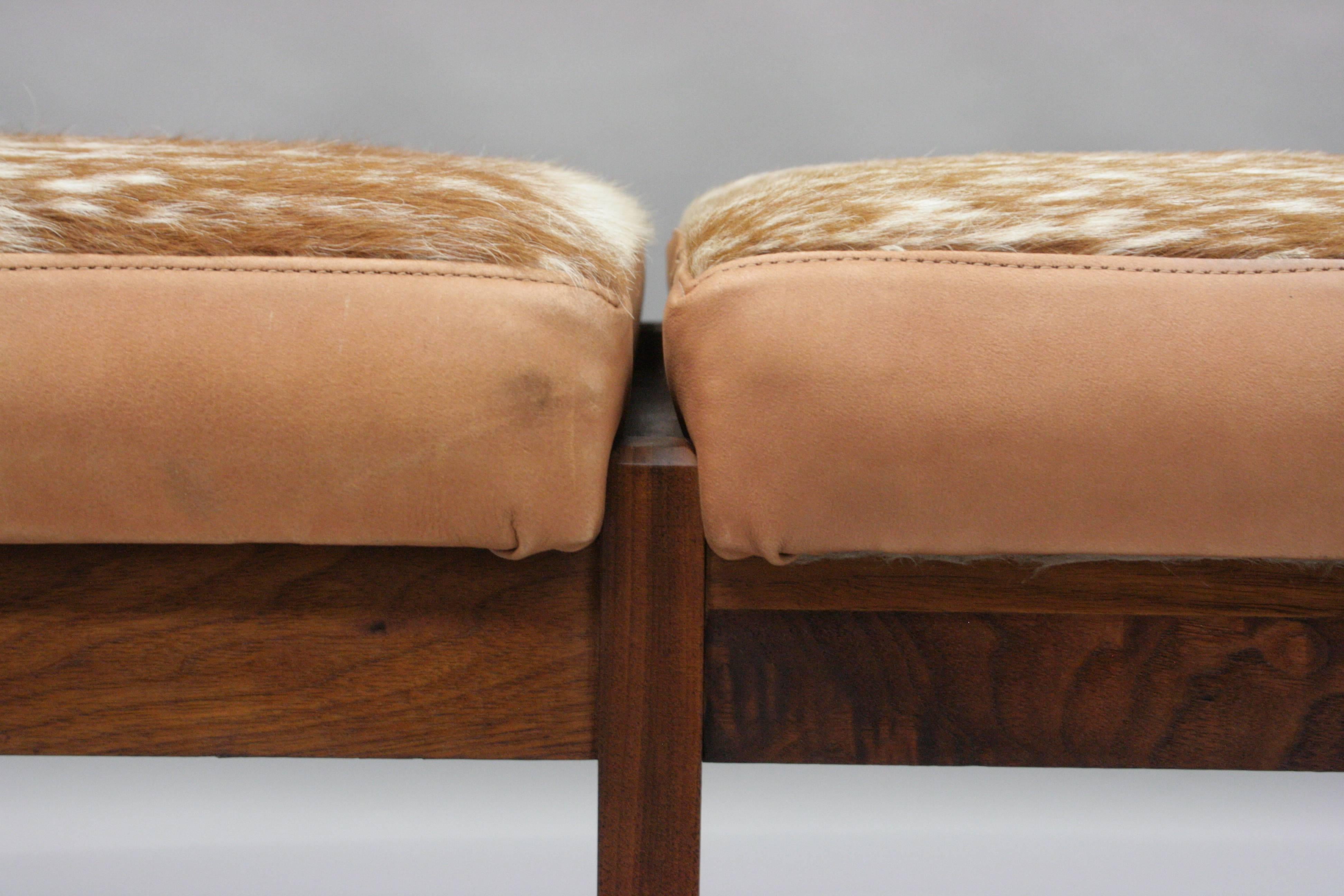 Mid-20th Century Three-Seat Mid-Century Danish Modern Teak Wood Long Bench Hair on Hide Leather