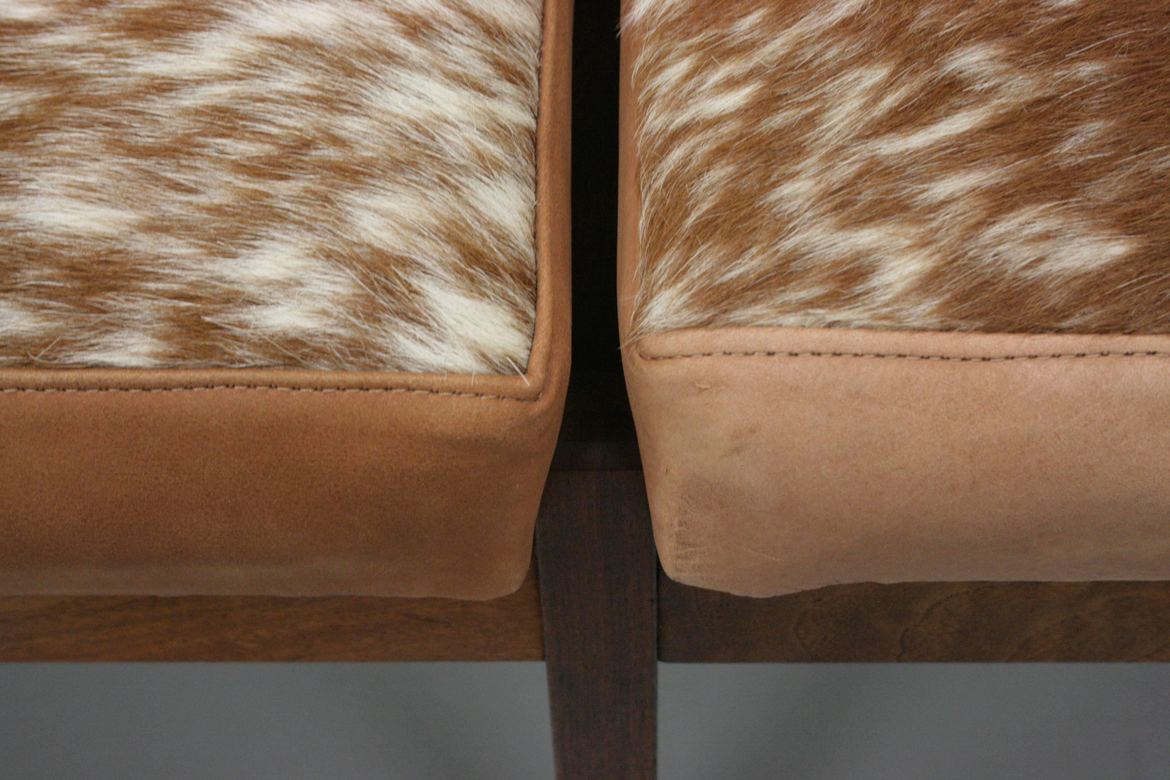 Mid-Century Modern Three-Seat Mid-Century Danish Modern Teak Wood Long Bench Hair on Hide Leather