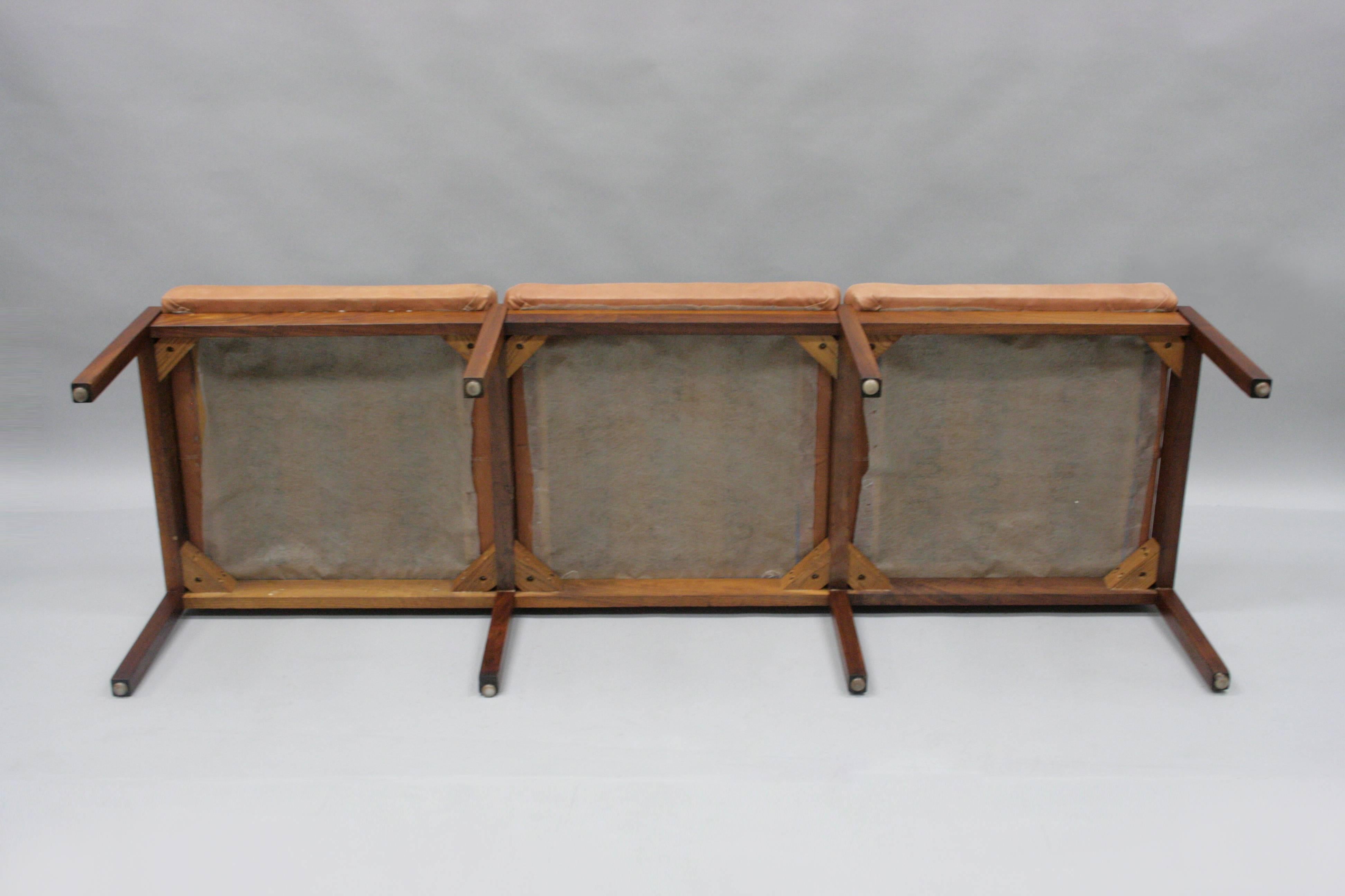 Three-Seat Mid-Century Danish Modern Teak Wood Long Bench Hair on Hide Leather 1