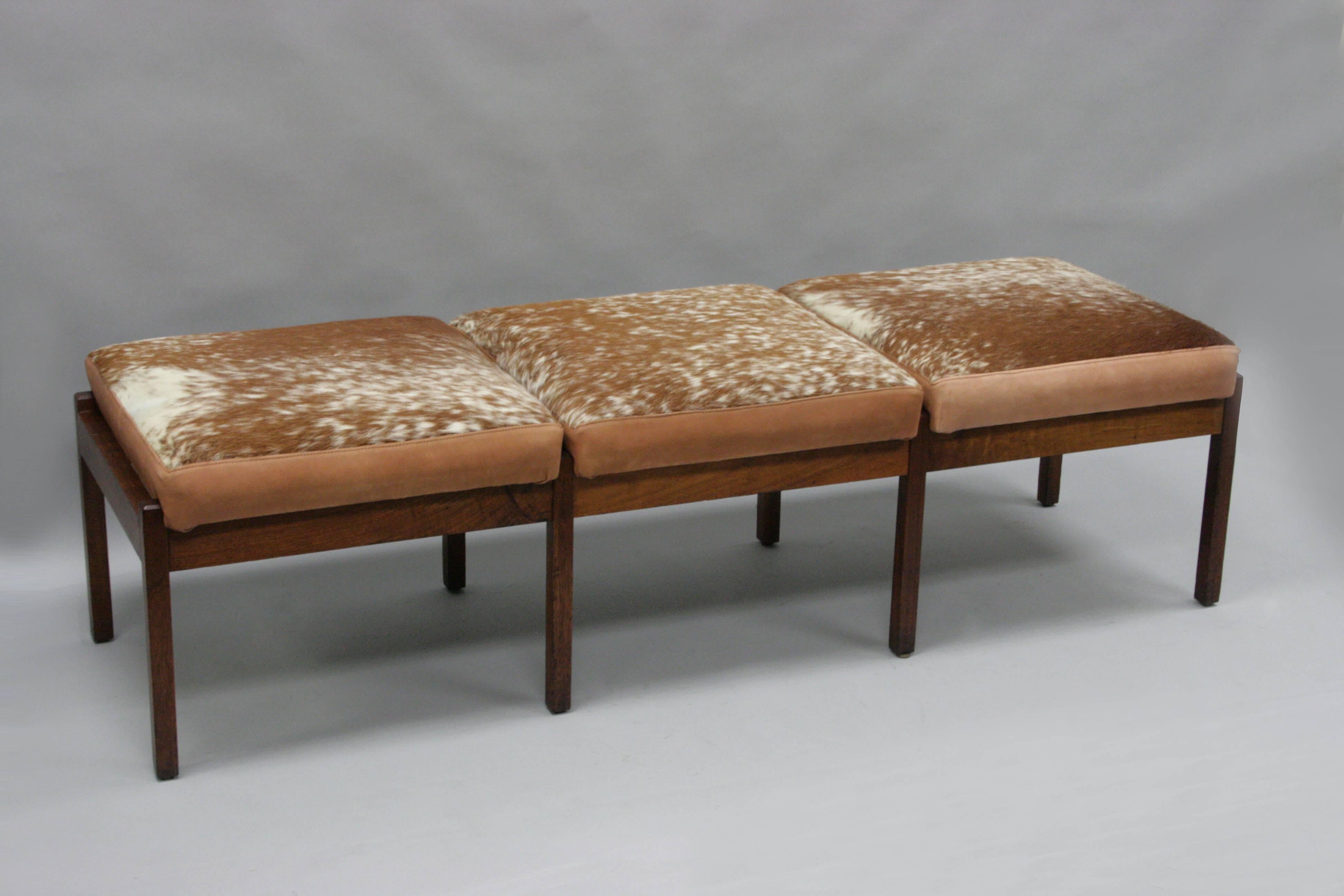 Three-Seat Mid-Century Danish Modern Teak Wood Long Bench Hair on Hide Leather 2