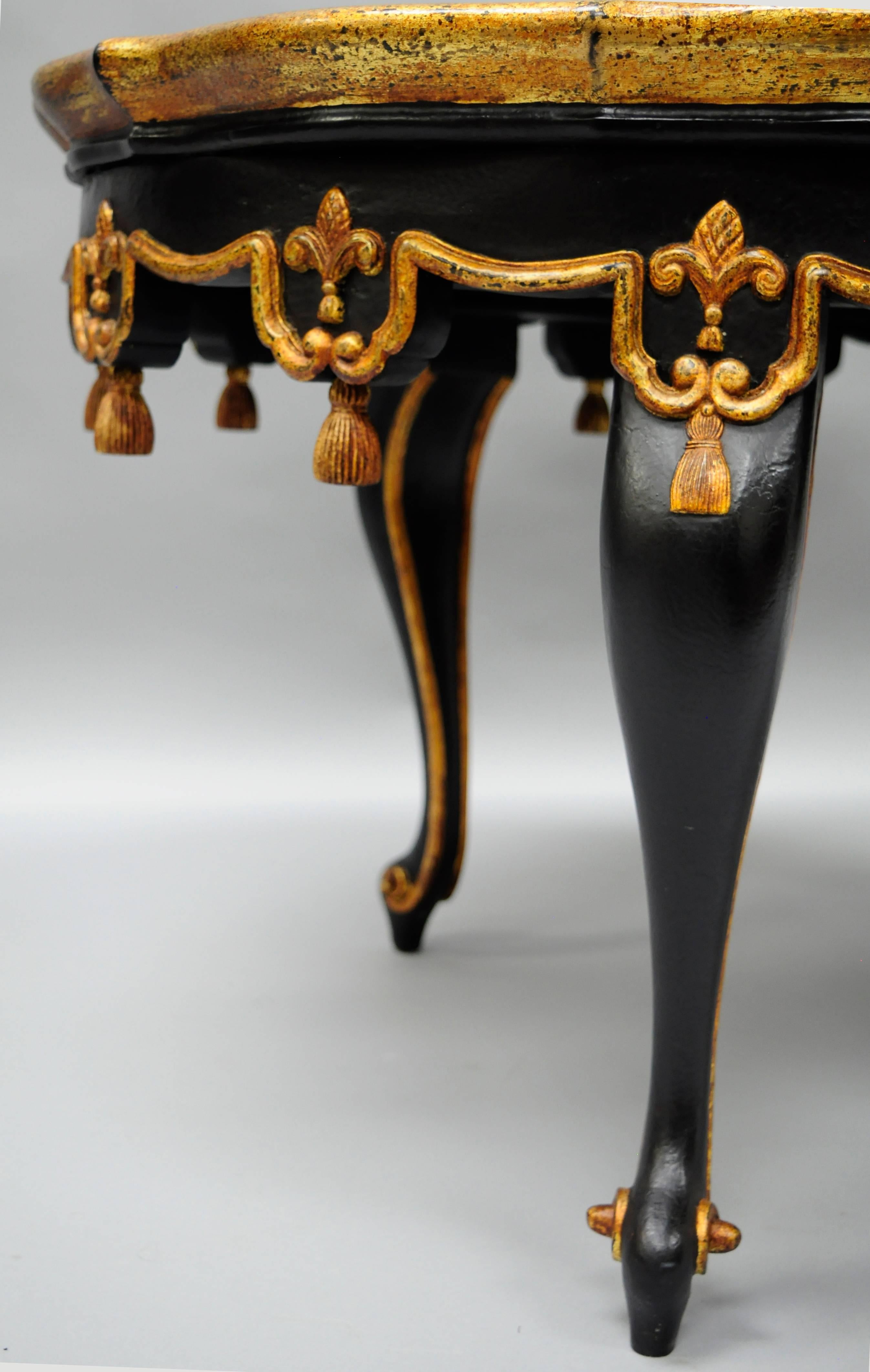 Neoclassical Black & Gold Tassel and Églomisé Mirror Top Coffee Table French Louis XVI Style