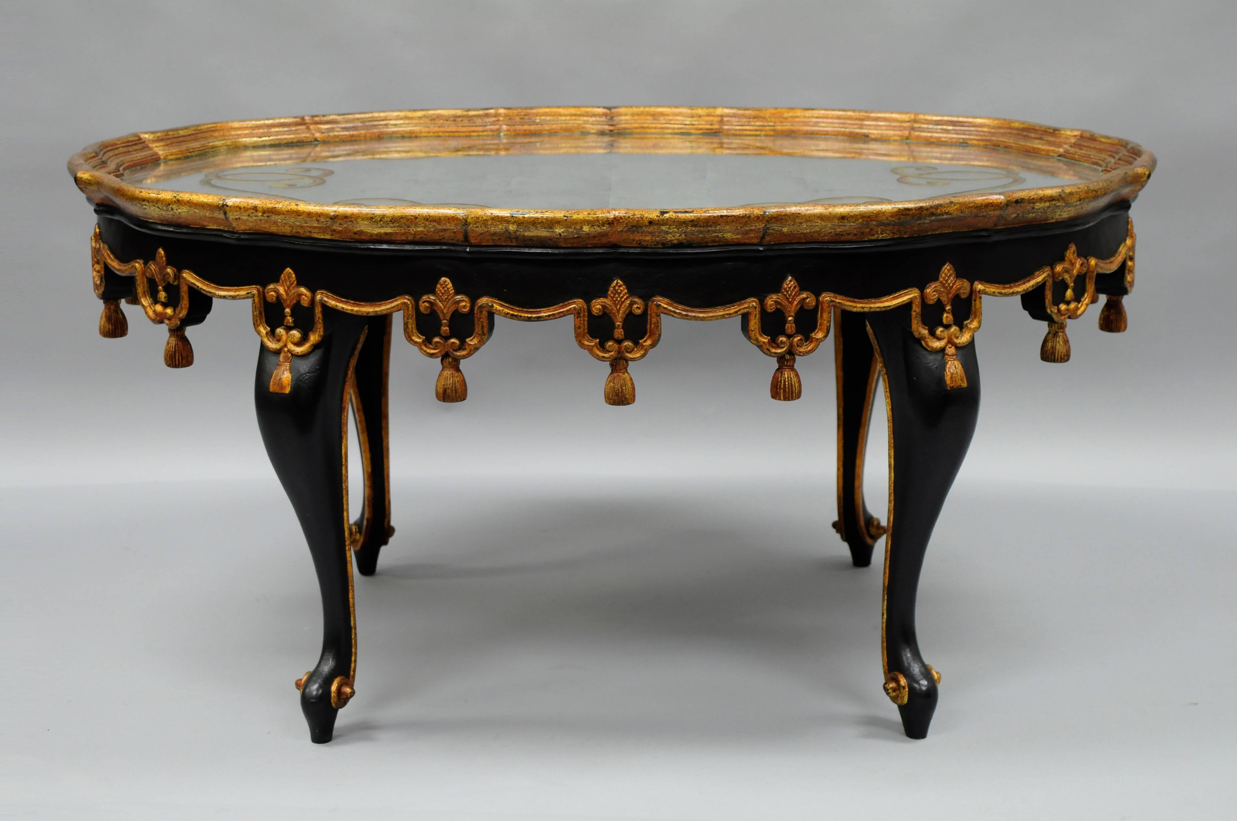 Glass Black & Gold Tassel and Églomisé Mirror Top Coffee Table French Louis XVI Style