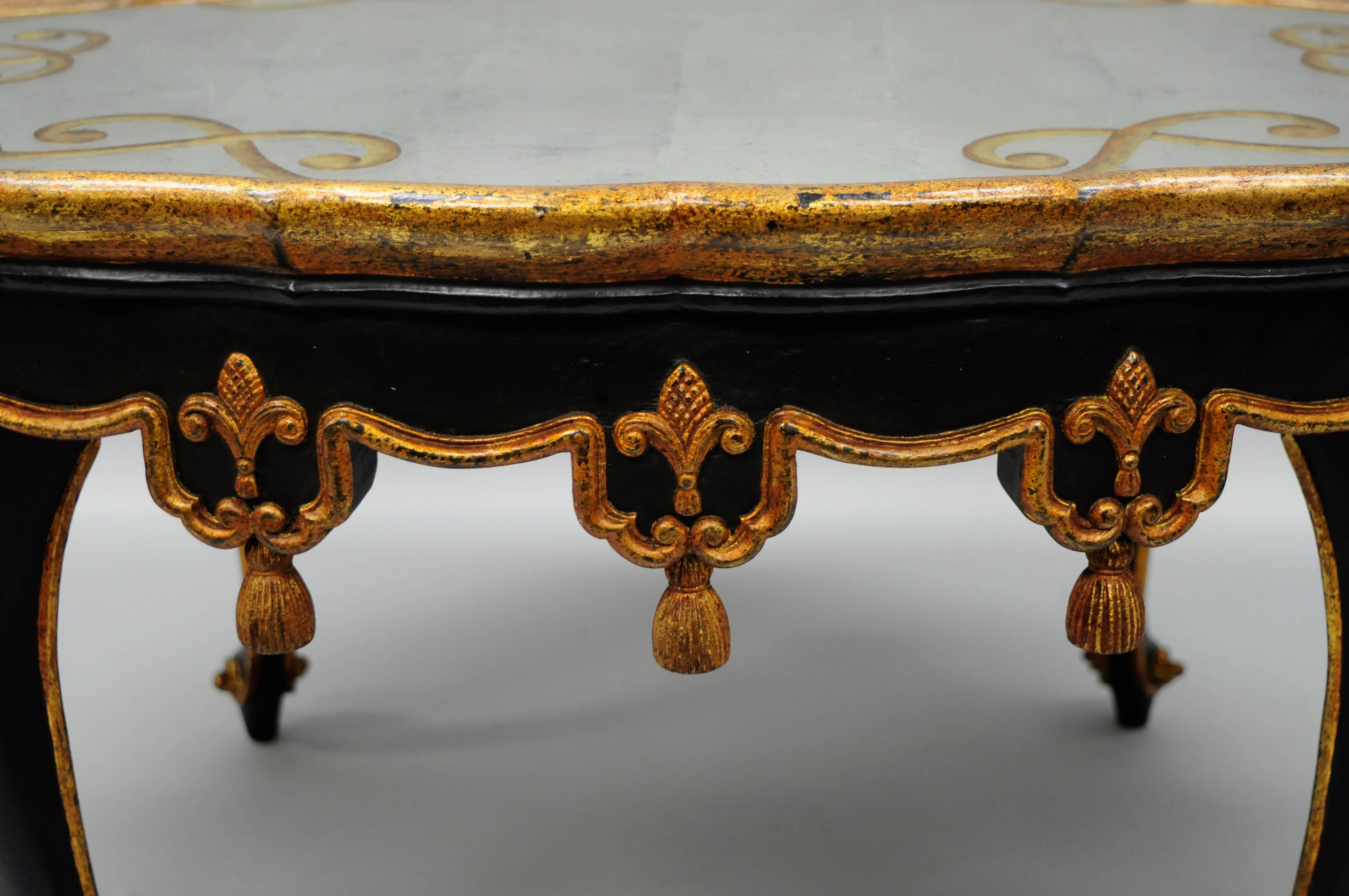 Black & Gold Tassel and Églomisé Mirror Top Coffee Table French Louis XVI Style 1