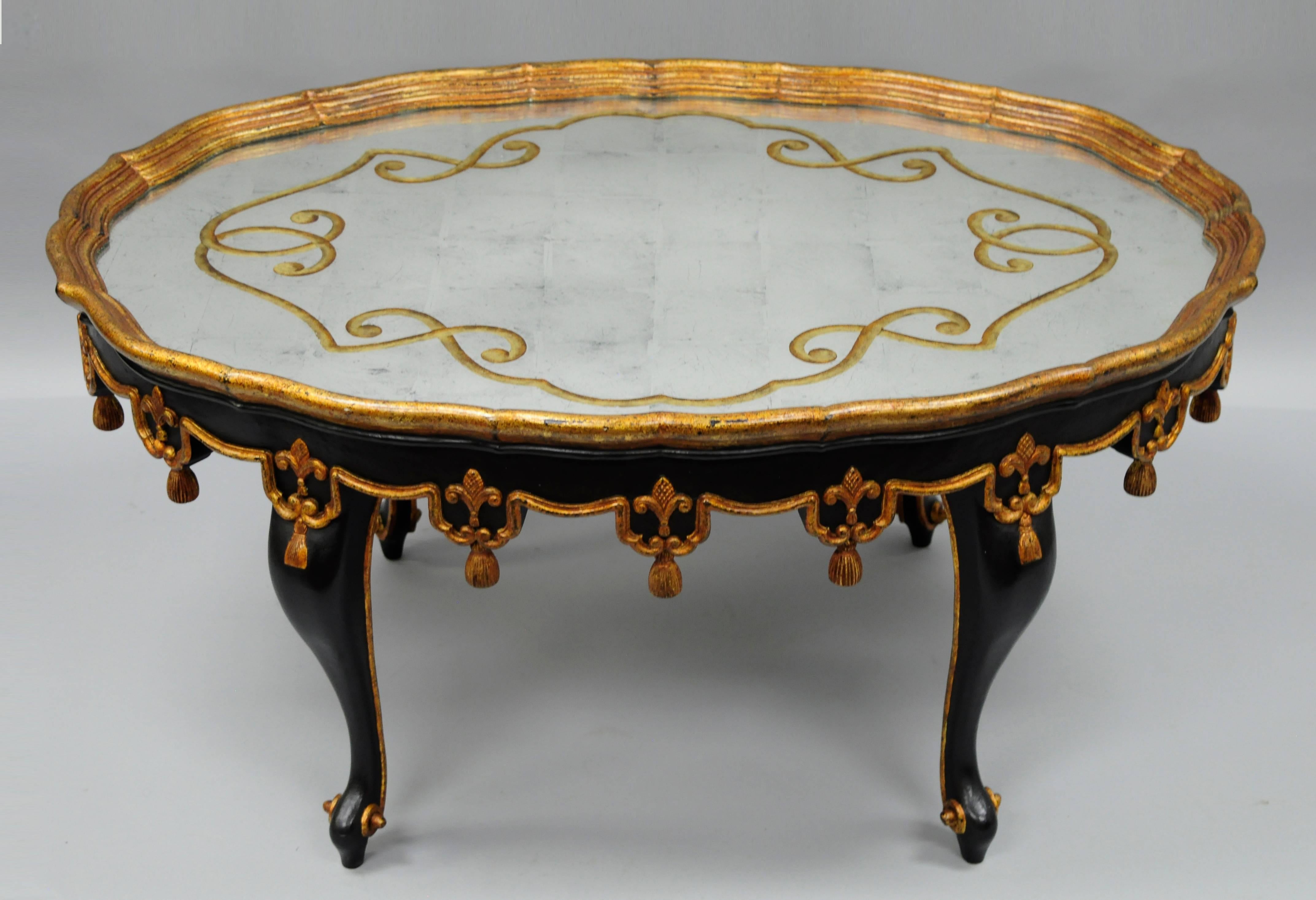 Black & Gold Tassel and Églomisé Mirror Top Coffee Table French Louis XVI Style 2