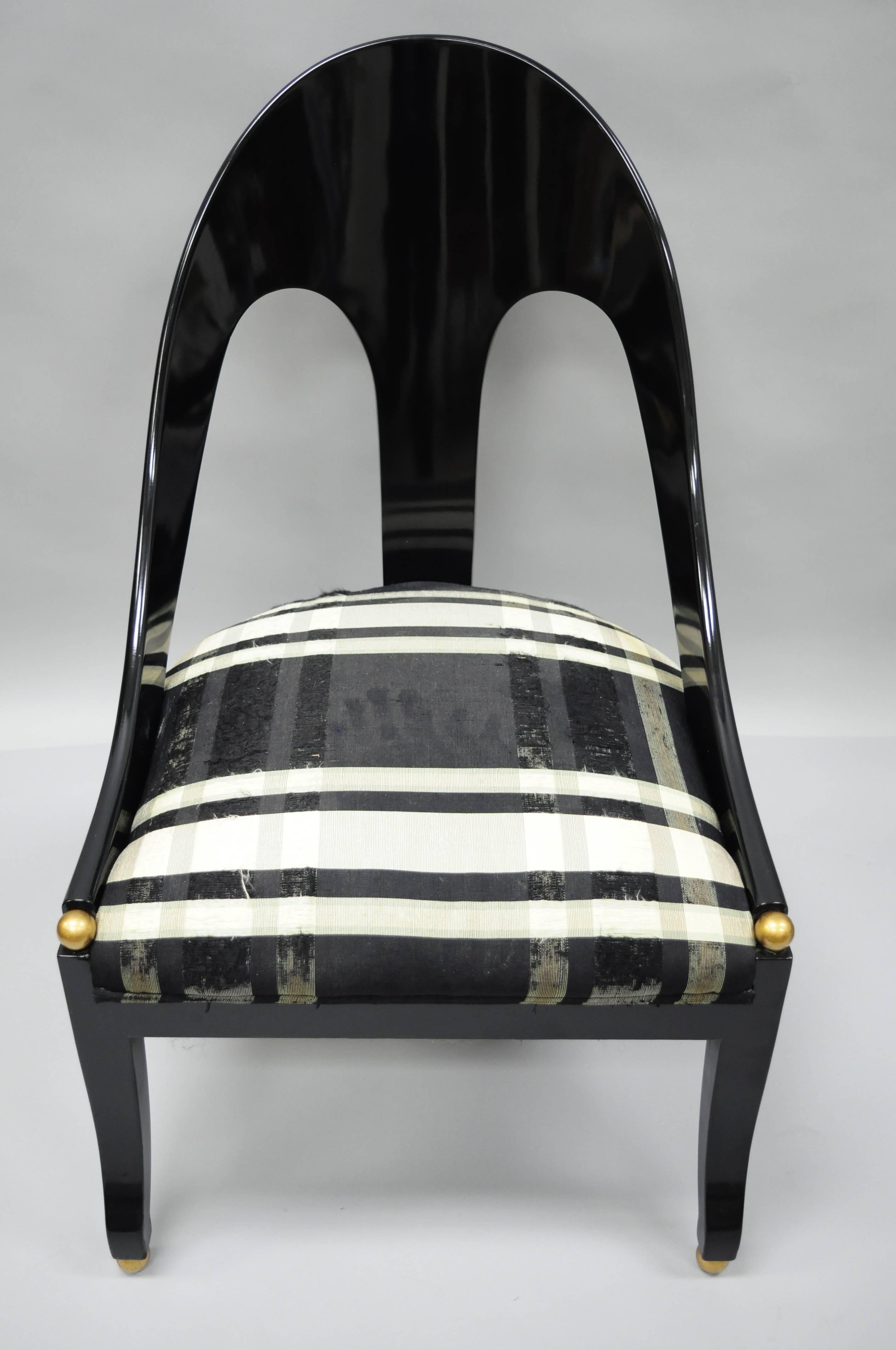 Neoclassical Pair of Michael Taylor for Baker Black Lacquer & Gold Spoon Back Slipper Chairs