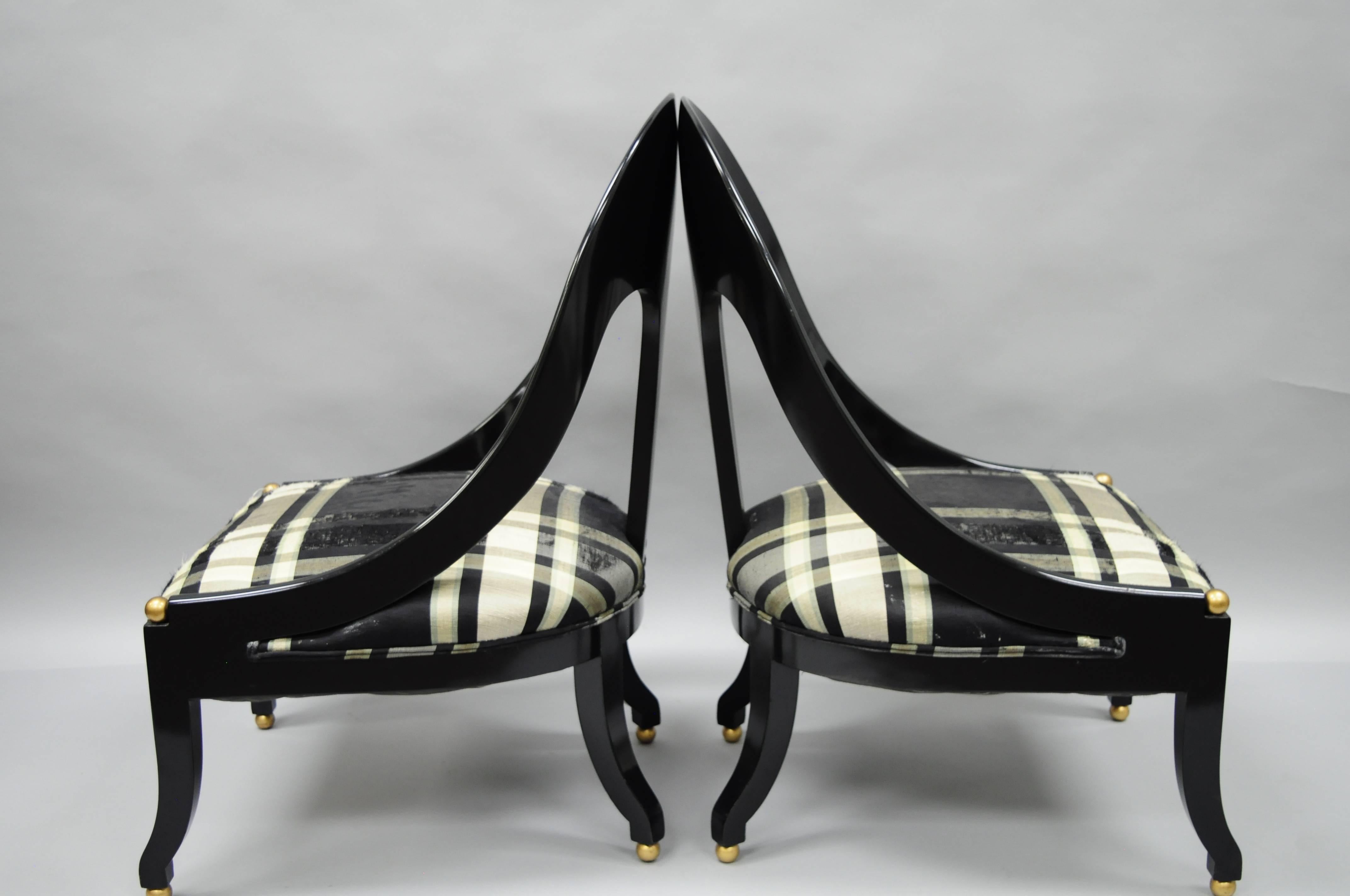 American Pair of Michael Taylor for Baker Black Lacquer & Gold Spoon Back Slipper Chairs