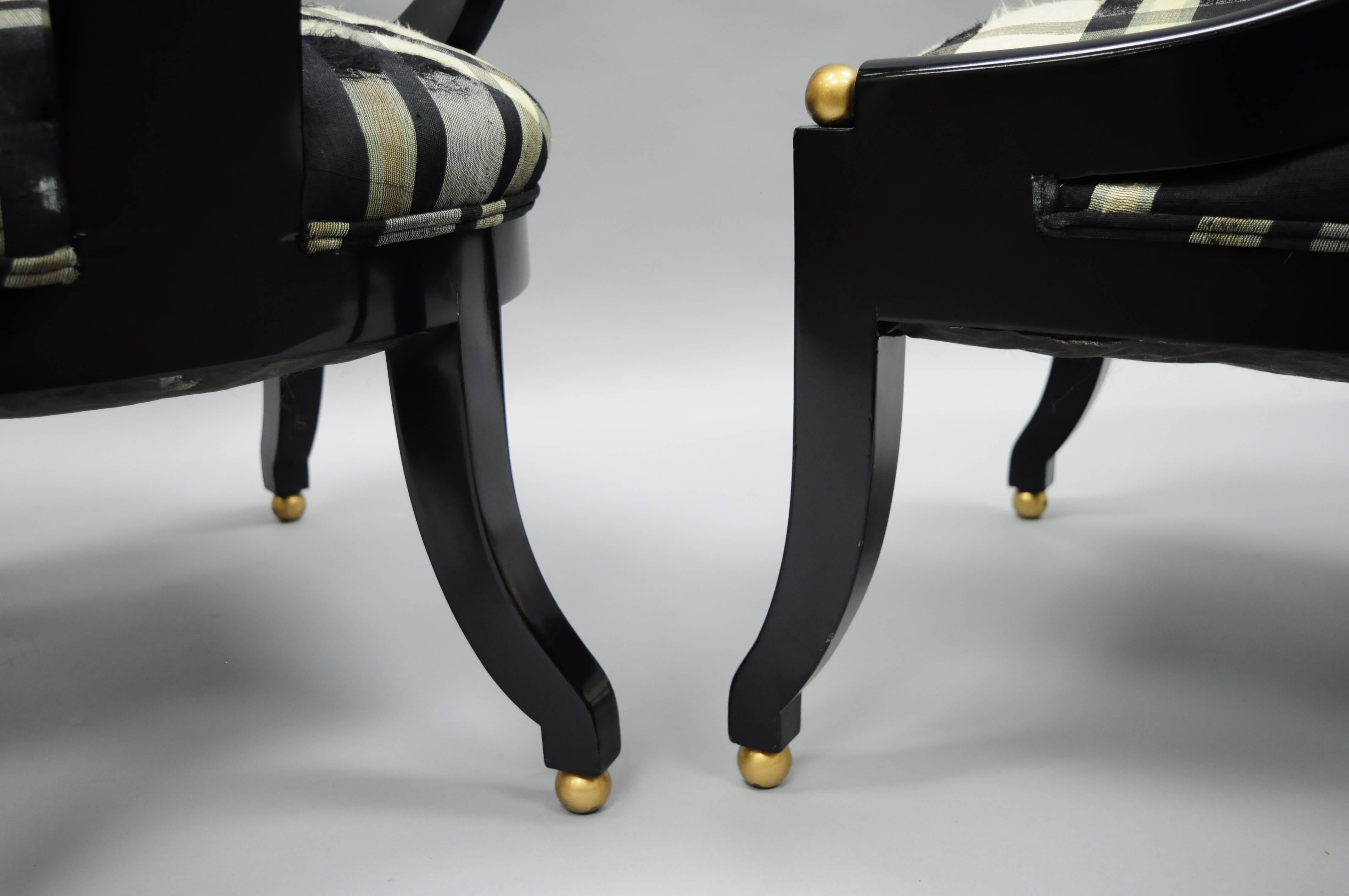 Lacquered Pair of Michael Taylor for Baker Black Lacquer & Gold Spoon Back Slipper Chairs