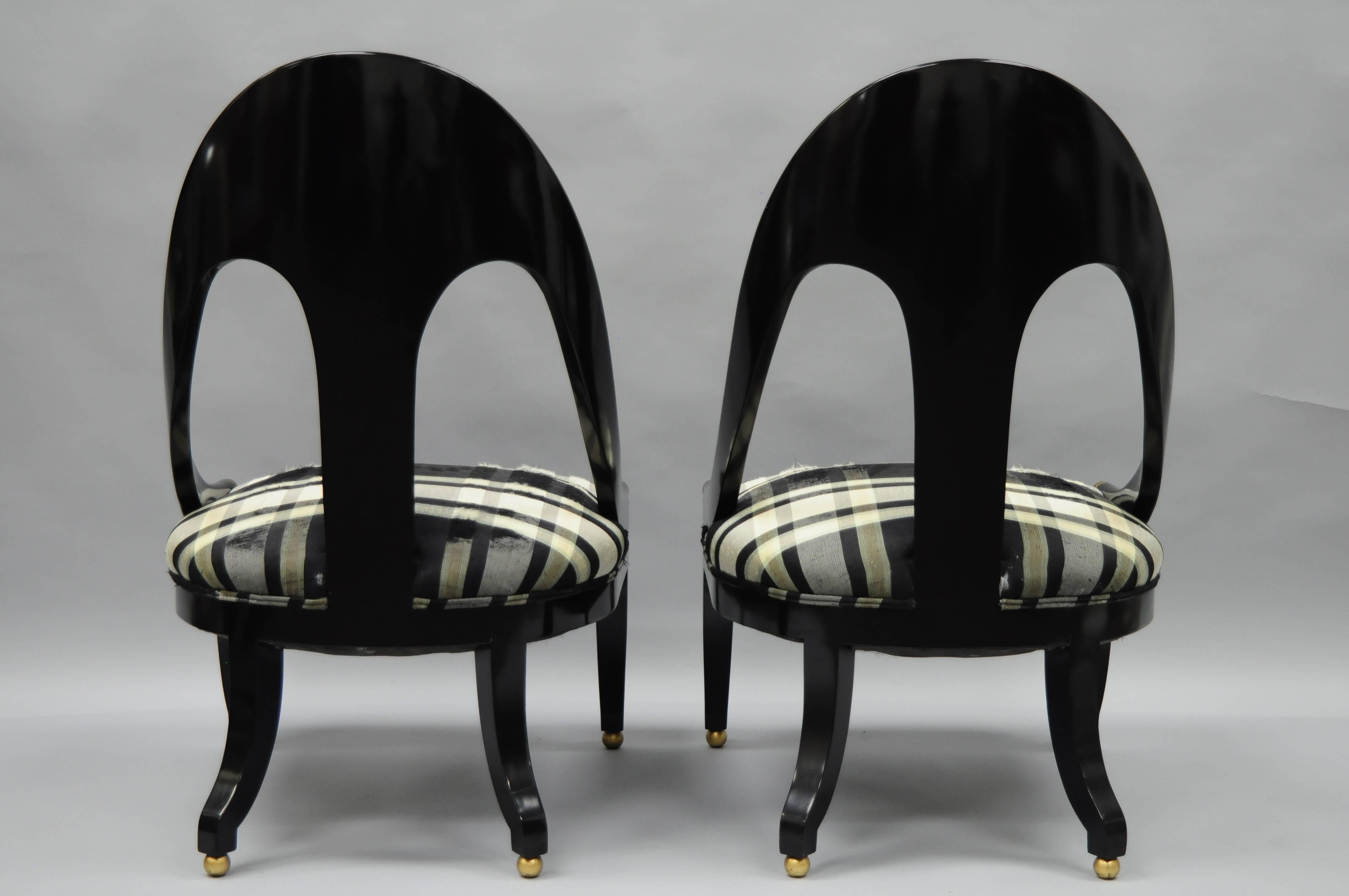 20th Century Pair of Michael Taylor for Baker Black Lacquer & Gold Spoon Back Slipper Chairs