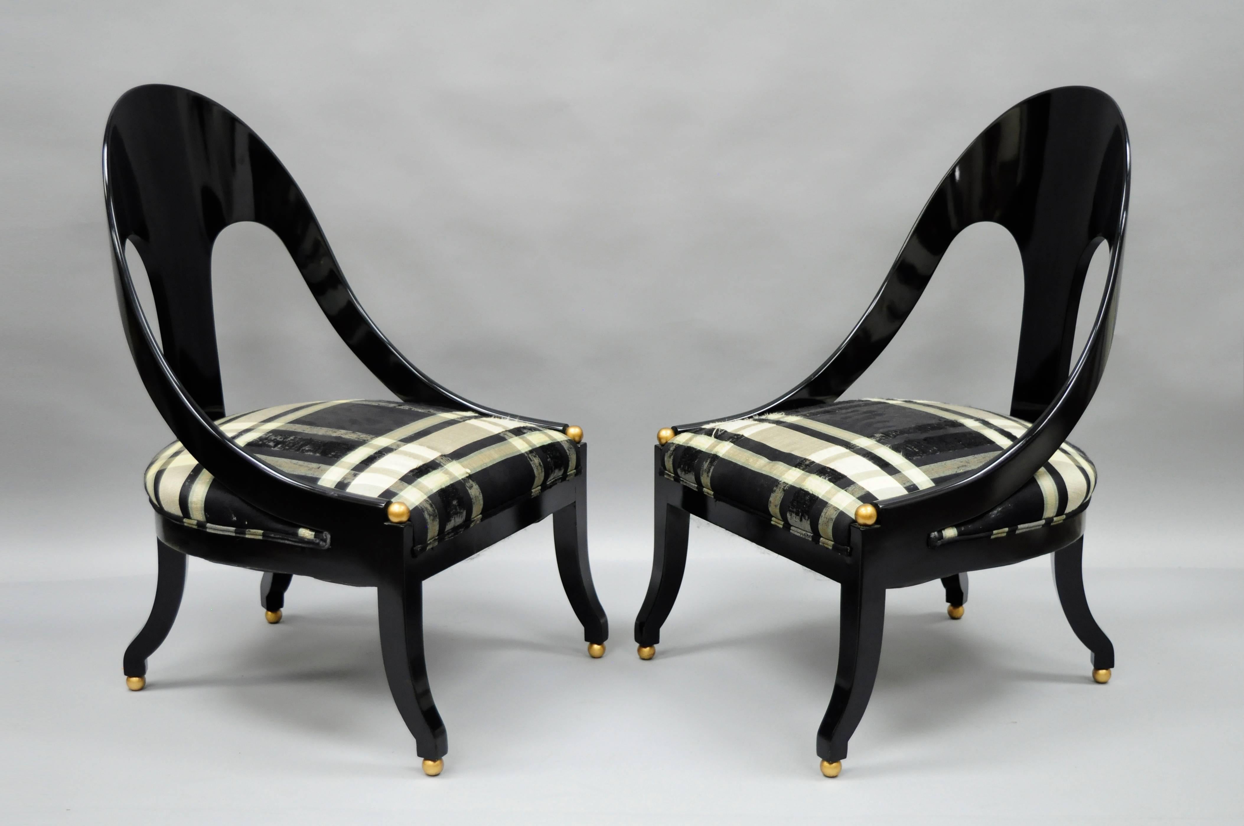 Fabric Pair of Michael Taylor for Baker Black Lacquer & Gold Spoon Back Slipper Chairs