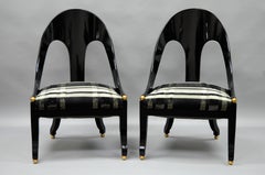 Pair of Michael Taylor for Baker Black Lacquer & Gold Spoon Back Slipper Chairs