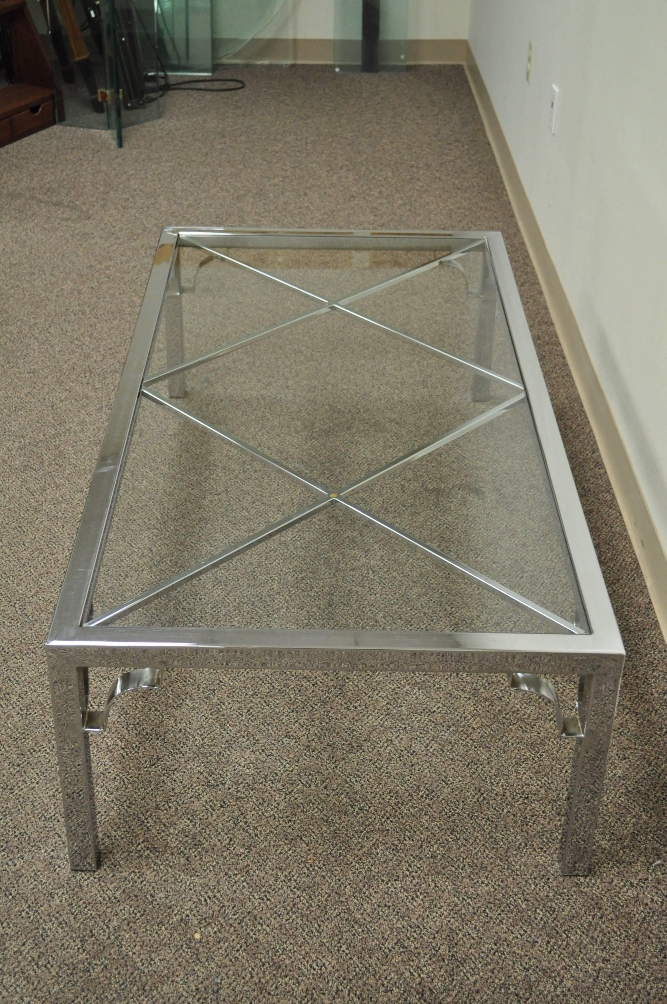 Mid-Century Modern Mid Century Modern Chrome X-Frame Glass Top Hollywood Regency Coffee Table For Sale