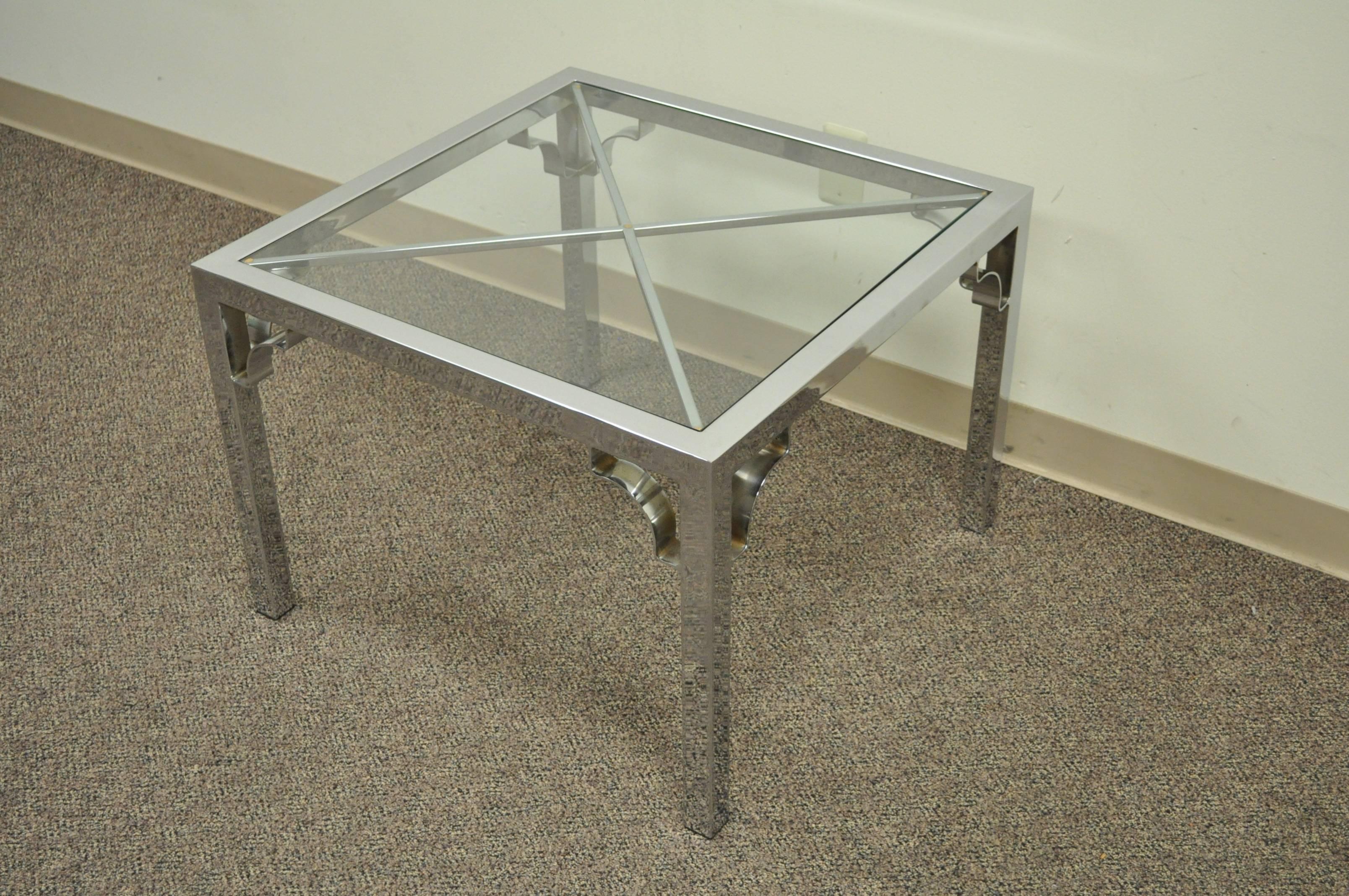 Mid-Century Modern Chrome X-Frame Square Glass Top Hollywood Regency Side Table For Sale 2