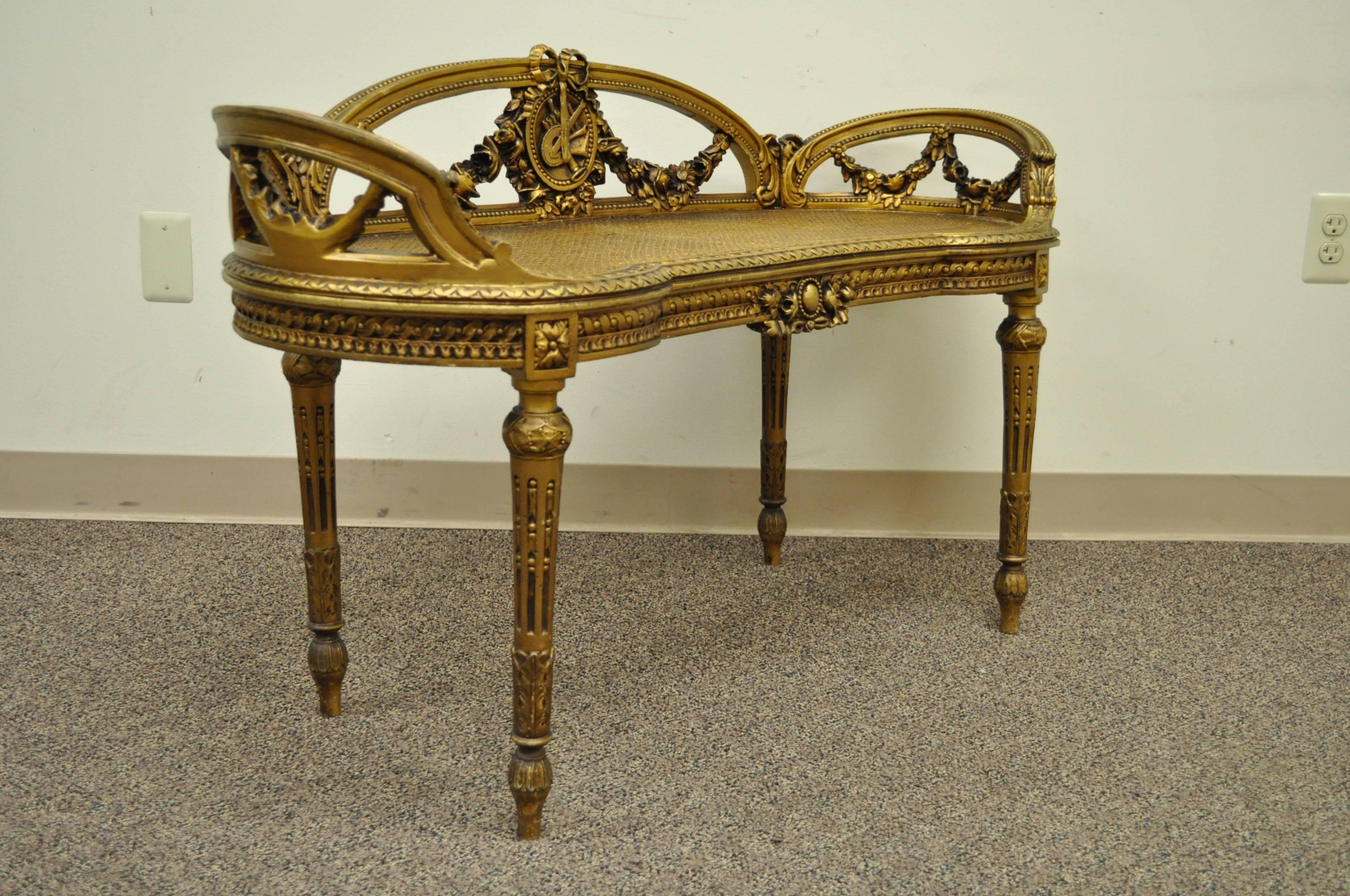 Early 20th C. French Louis XVI Victorian Style Kidney Shape Gold Vanity Bench 1