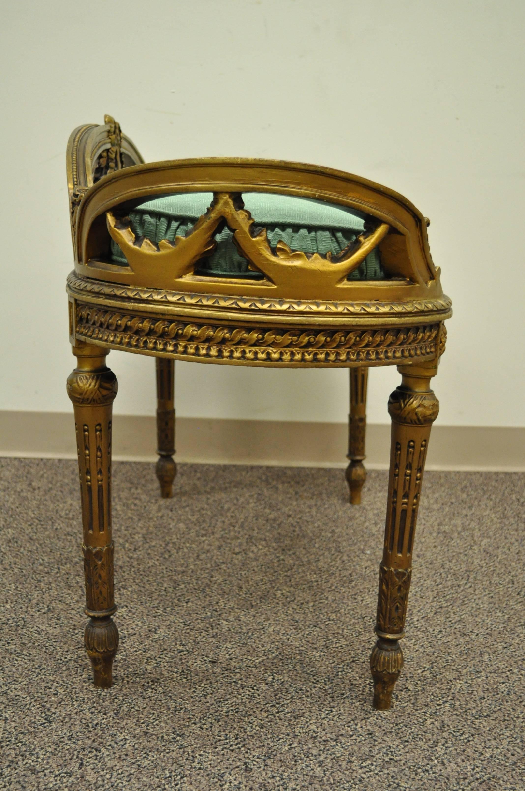 Early 20th C. French Louis XVI Victorian Style Kidney Shape Gold Vanity Bench In Good Condition In Philadelphia, PA