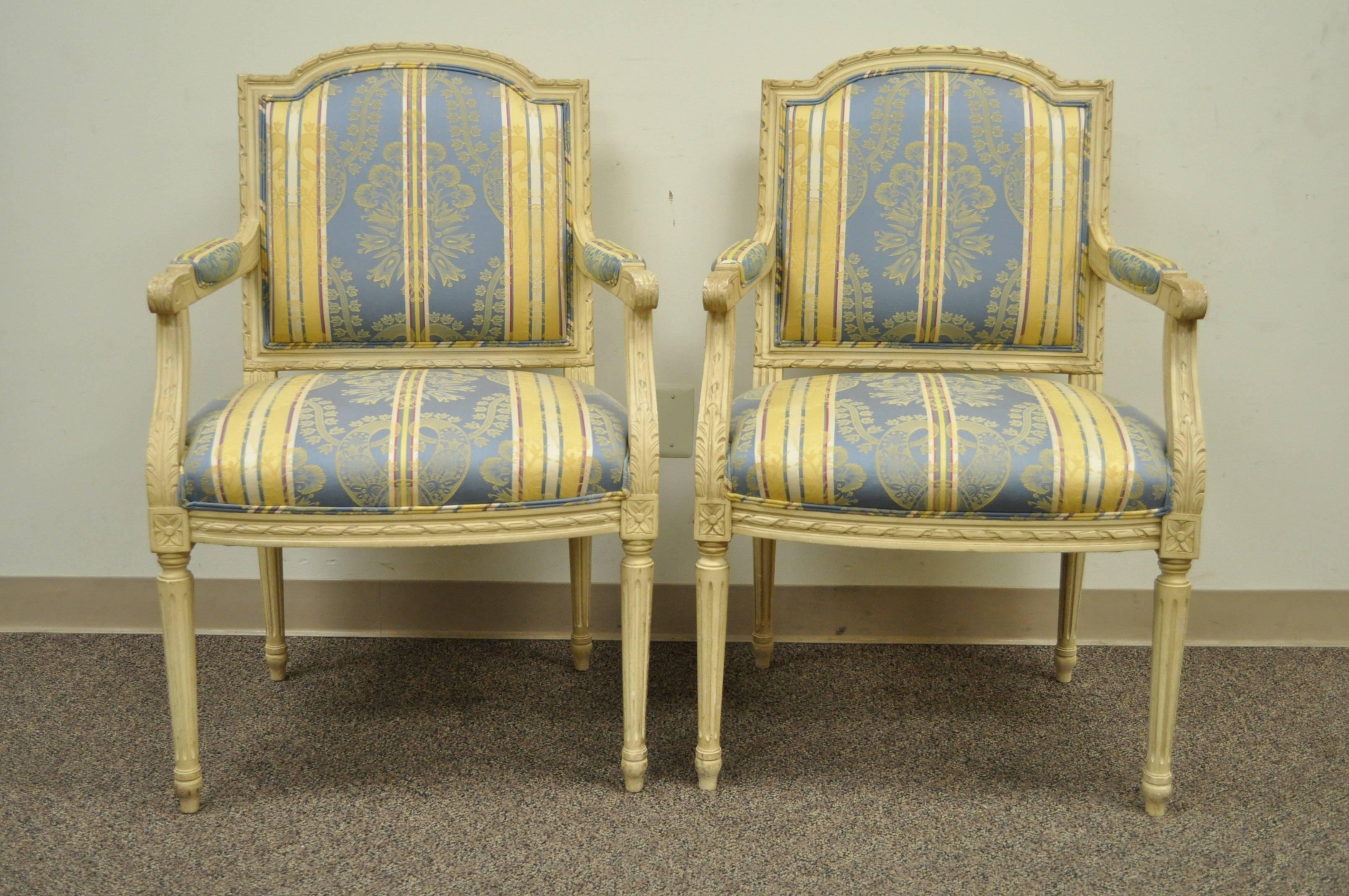 Pair of French Louis XVI Style Carved Cream Painted Fauteuil Dining Arm Chairs A 4