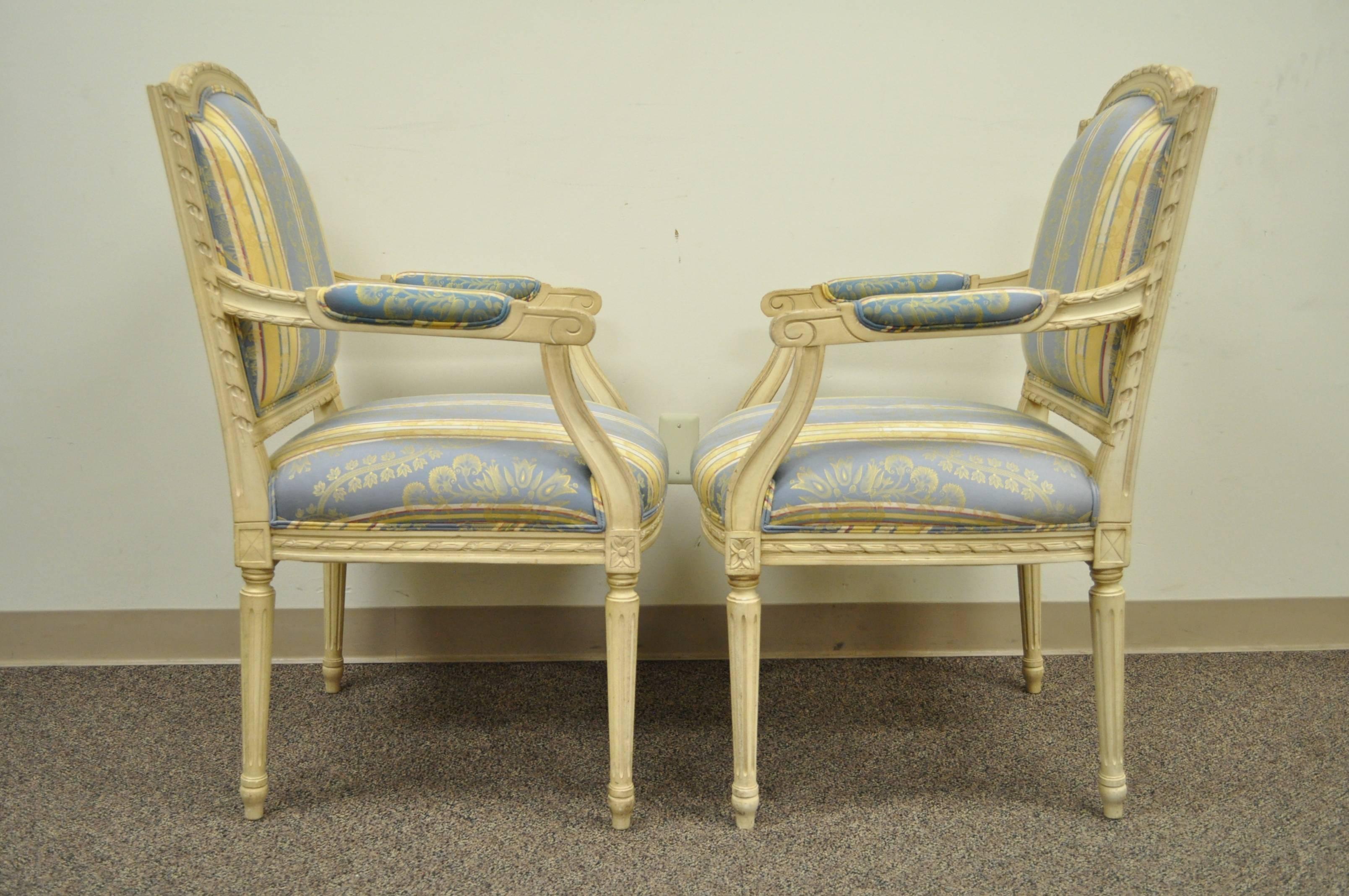 American Pair of French Louis XVI Style Carved Cream Painted Fauteuil Dining Arm Chairs A