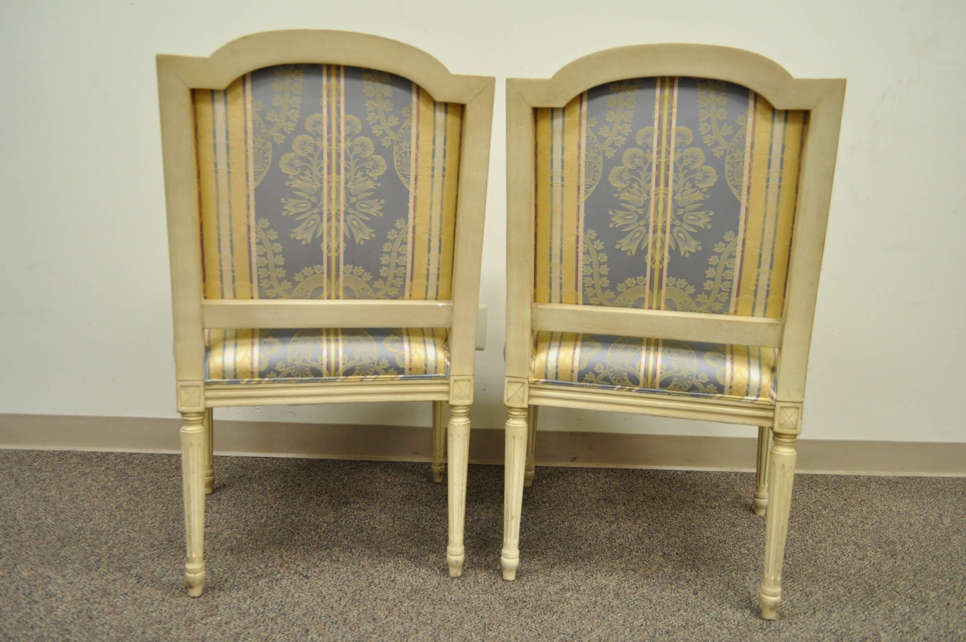Pair of French Louis XVI Style Carved Cream Painted Fauteuil Dining Arm Chairs A 3