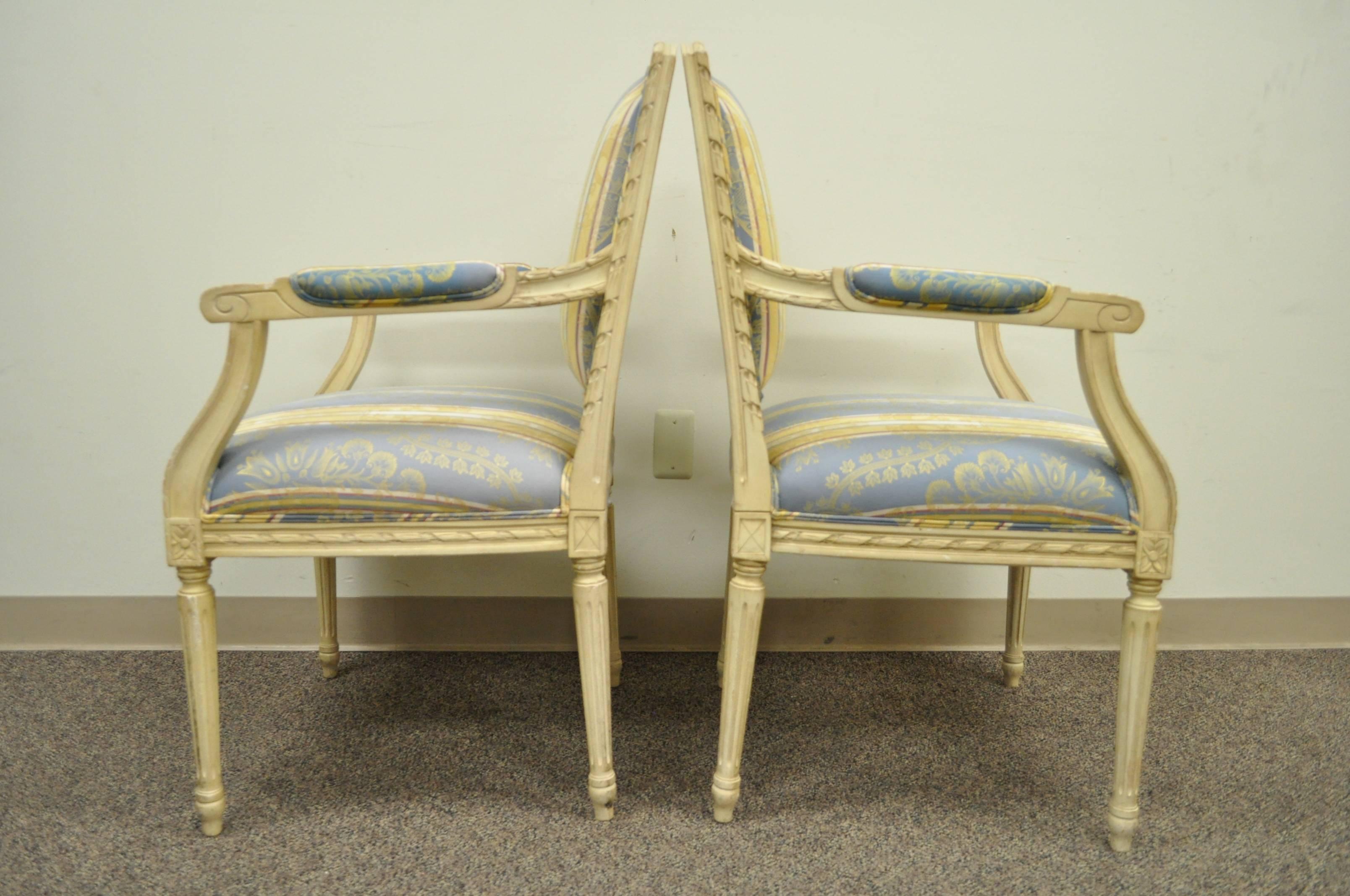 Pair of French Louis XVI Style Carved Cream Painted Fauteuil Dining Arm Chairs A 2