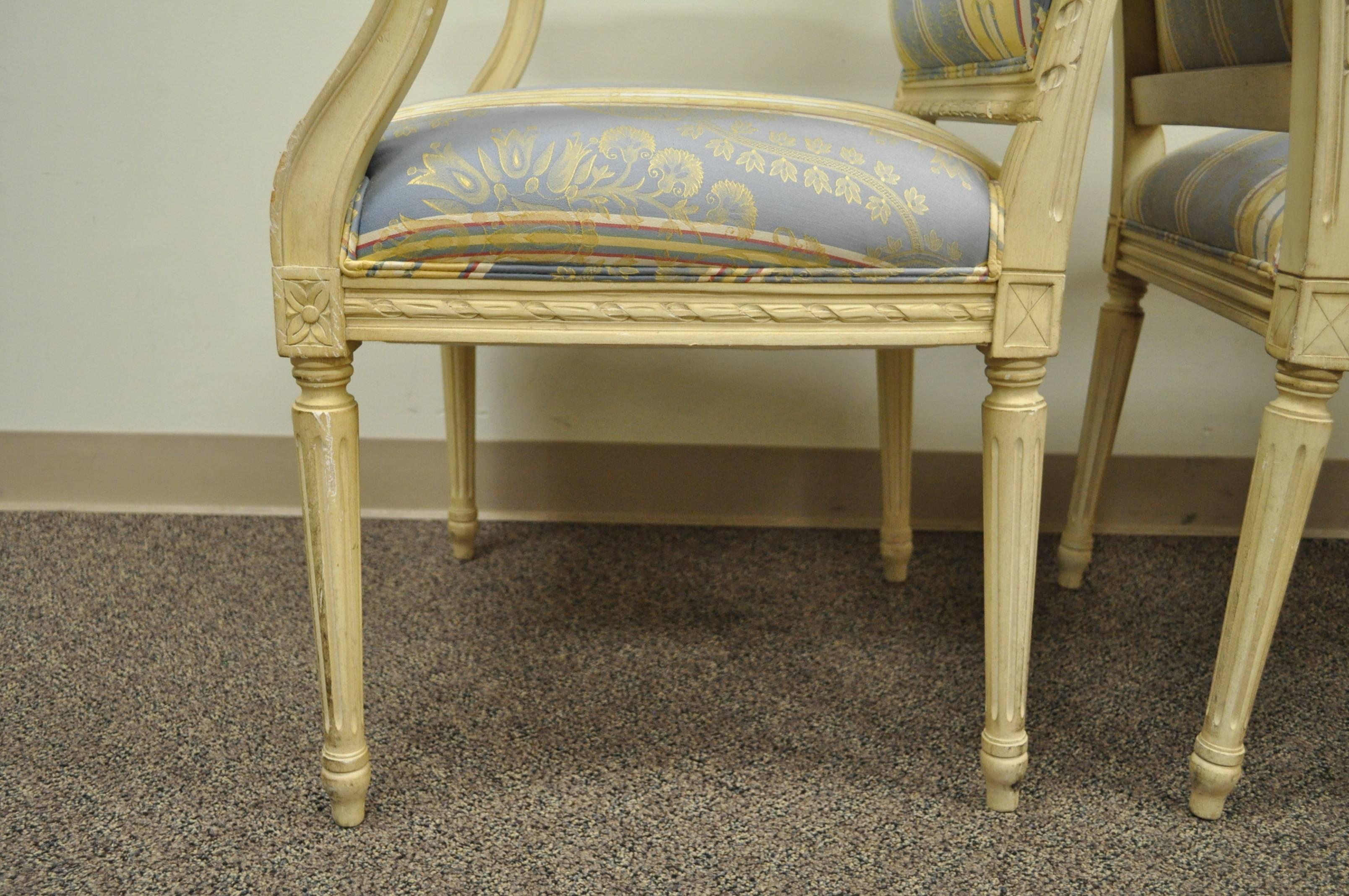 Pair of French Louis XVI Style Carved Cream Painted Fauteuil Dining Arm Chairs A 1